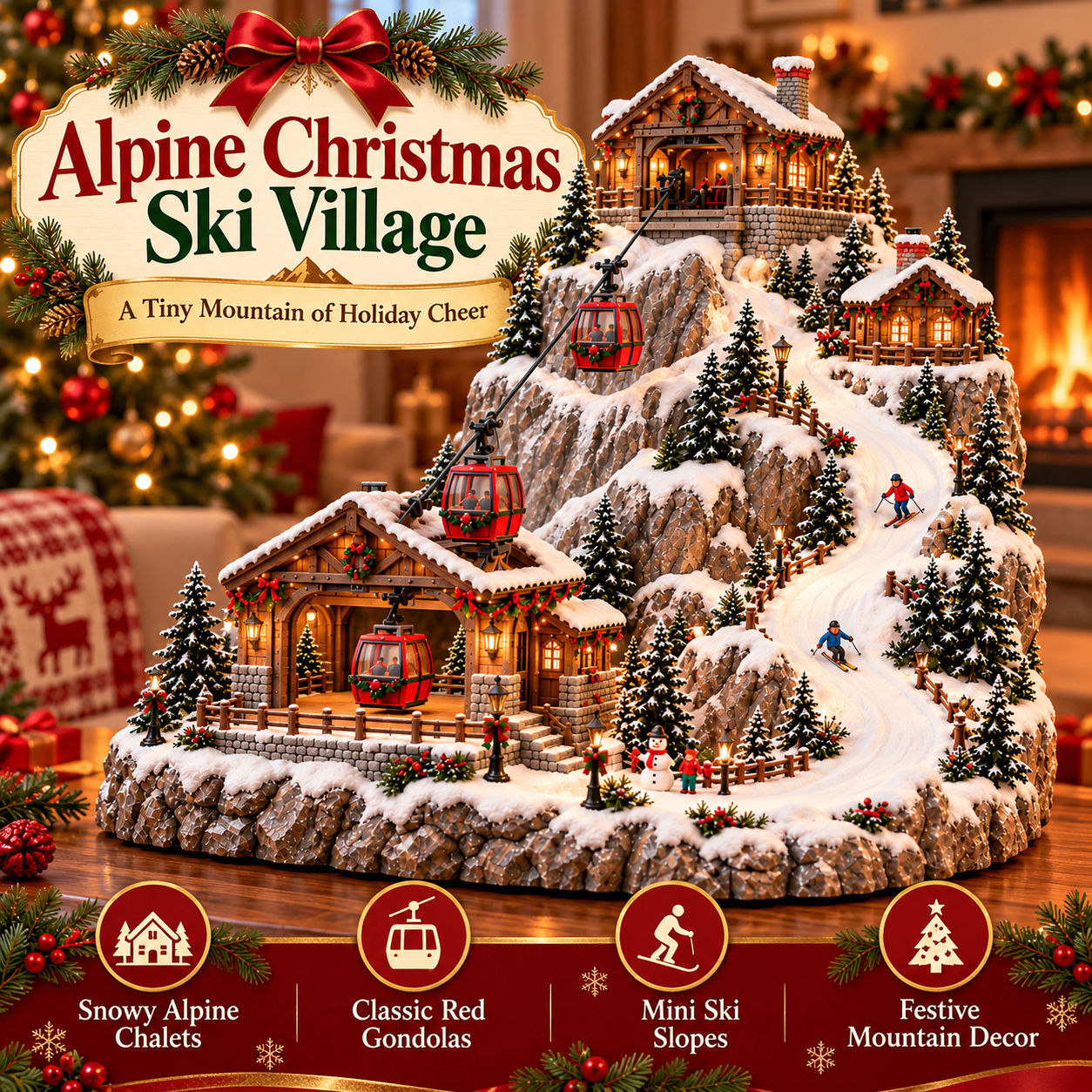 Alpine Christmas Ski Village with snowy chalets, gondolas and miniature skiers