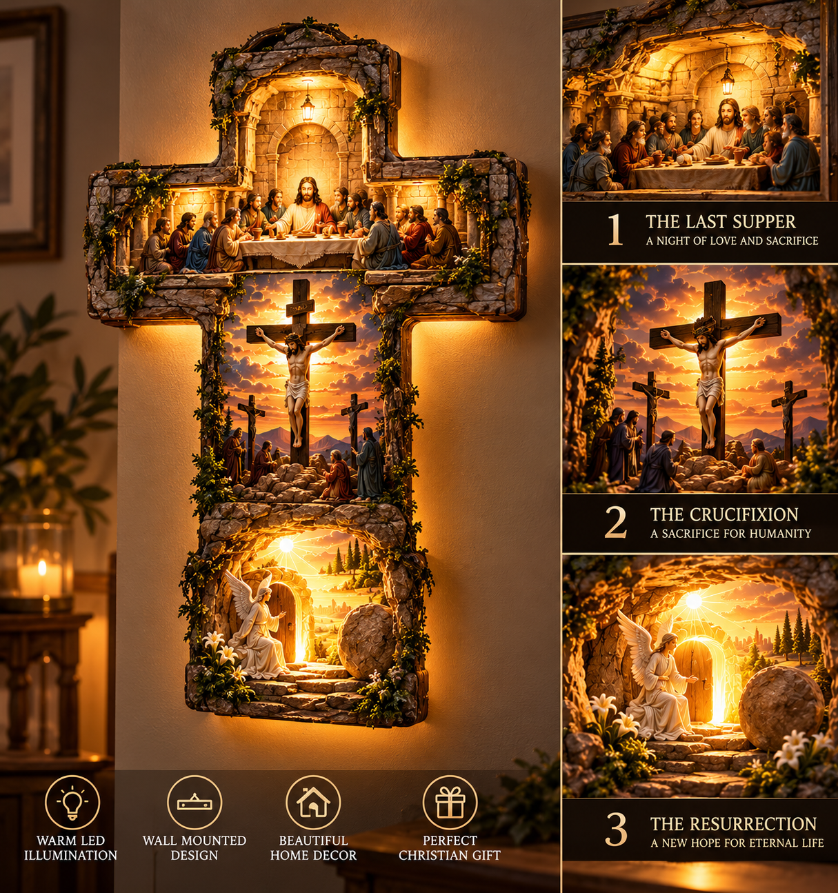 Three-scene LED wall cross with Last Supper Crucifixion and Resurrection imagery