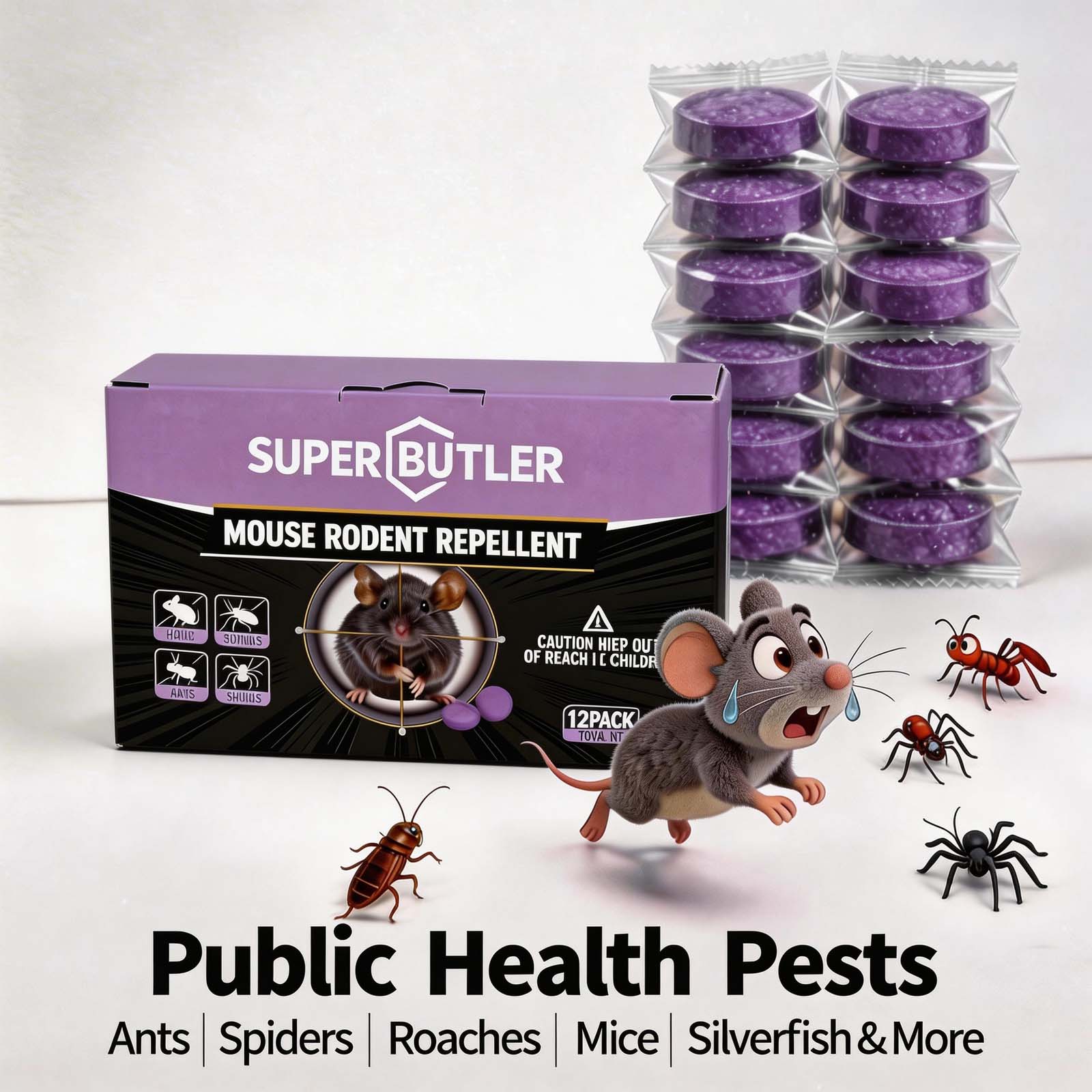 Super Butler rodent repellent box with individually wrapped purple repellent discs