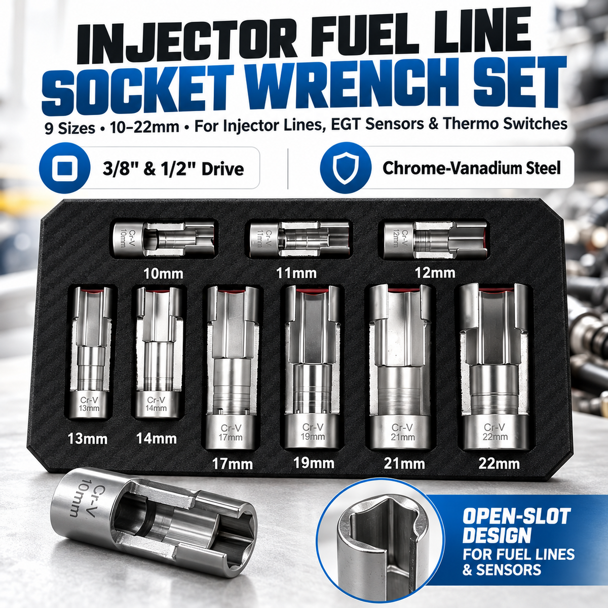 9-Piece Injector & Sensor Line Socket Set – 10–22mm Open-Side Cr-V Sockets, 3/8' & 1/2' Drive