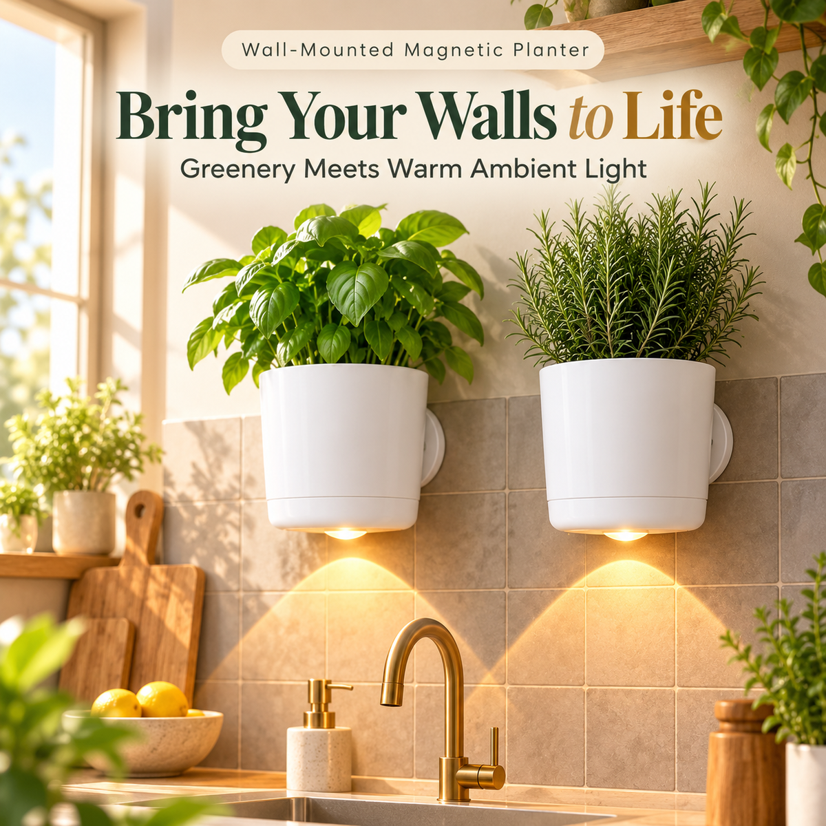 White wall mounted magnetic planter with warm LED lighting