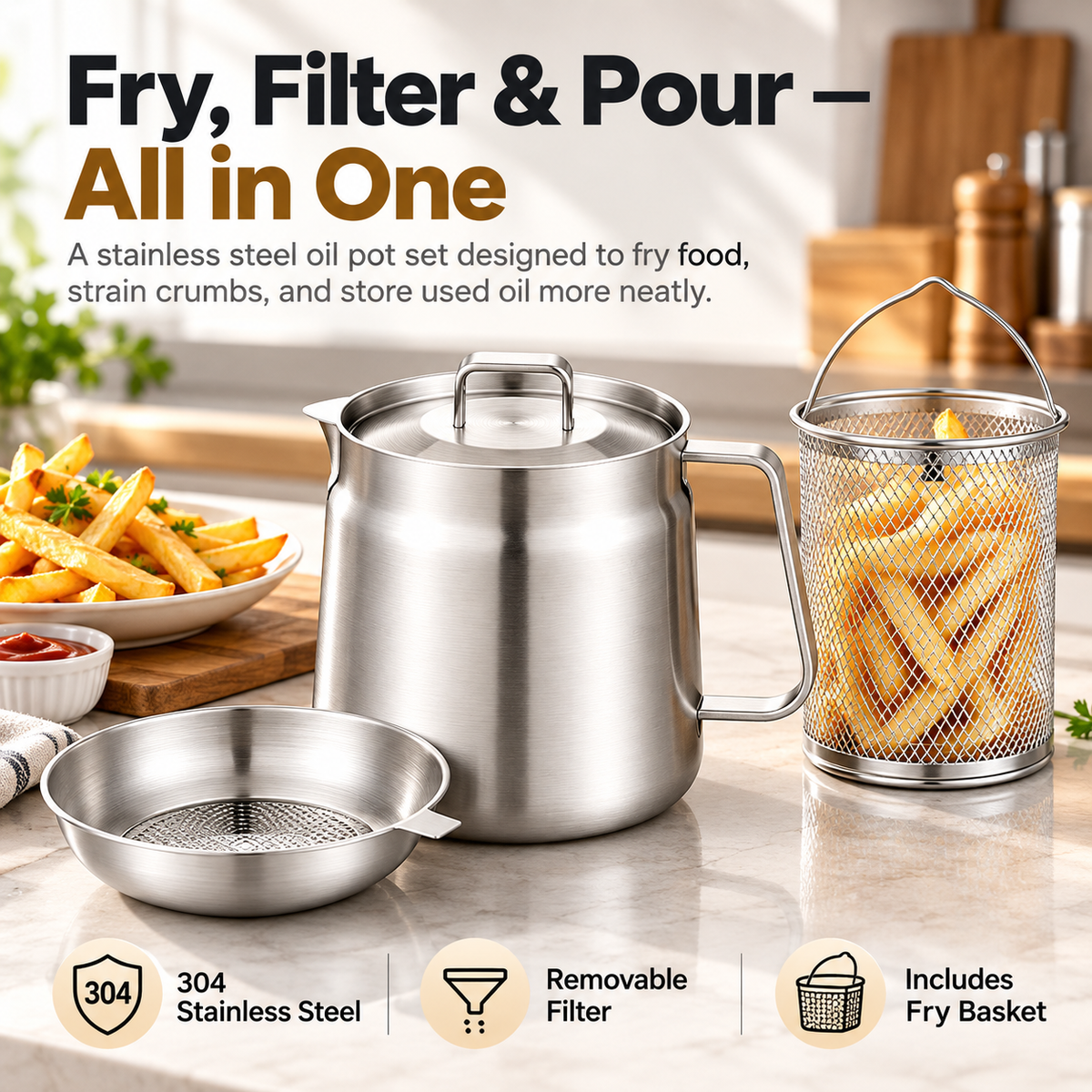 HOT SALE🍟✨ 3-in-1 Stainless Steel Deep Fryer Pot with Oil Filter & Fry Basket 🥘💧 304 Stainless Steel Cooking Oil Strainer & Storage Container 🍗🔥 Easy-Pour Design for Home Kitchen 🍳💖 1.5L/2L Available