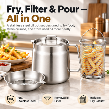 HOT SALE🍟✨ 3-in-1 Stainless Steel Deep Fryer Pot with Oil Filter & Fry Basket 🥘💧 304 Stainless Steel Cooking Oil Strainer & Storage Container 🍗🔥 Easy-Pour Design for Home Kitchen 🍳💖 1.5L/2L Available