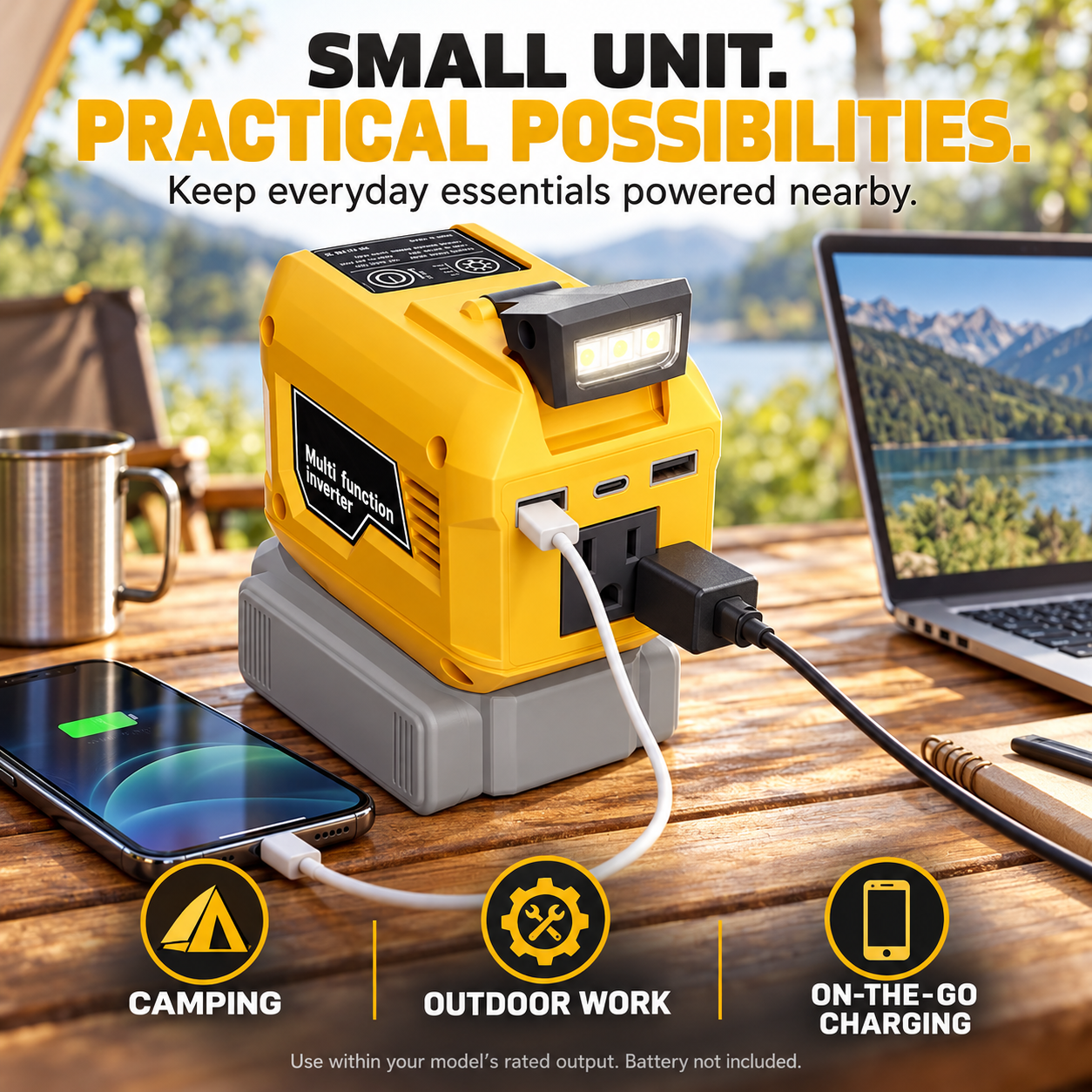 Portable tool battery inverter providing power for camping outdoor work and mobile device charging