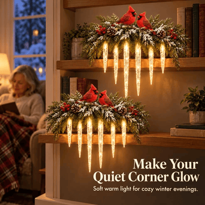 ✨Cardinal Winter Glow — Lighted Snowy Cedar & Icicle Christmas Decor