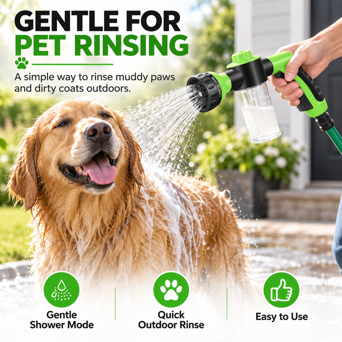 Gentle shower mode for outdoor dog rinsing