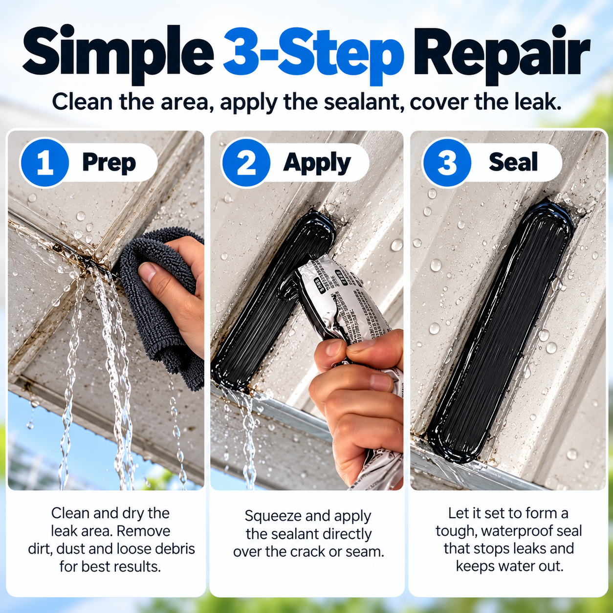 Three-step sealant application guide showing surface preparation, applying paste and allowing it to set