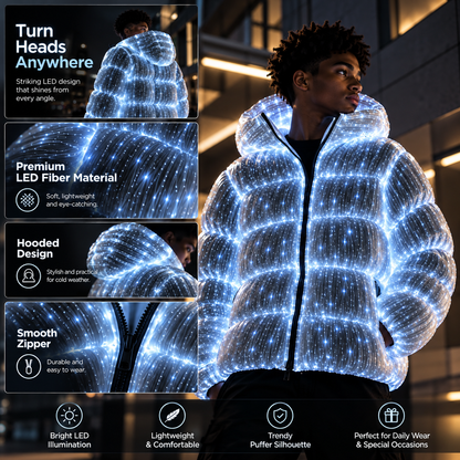 ⚡Full-Glow Fiber-Optic Puffer Jacket – Futuristic Hooded Winter Coat for Raves, Festivals & Night Events