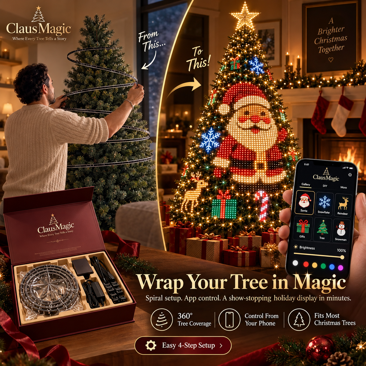 🎄 Smart Wrap-Around Christmas Tree Lights – 12+ App-Controlled Festive Designs