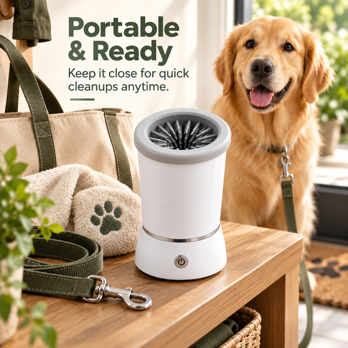 Portable electric dog paw cleaner beside dog walking gear
