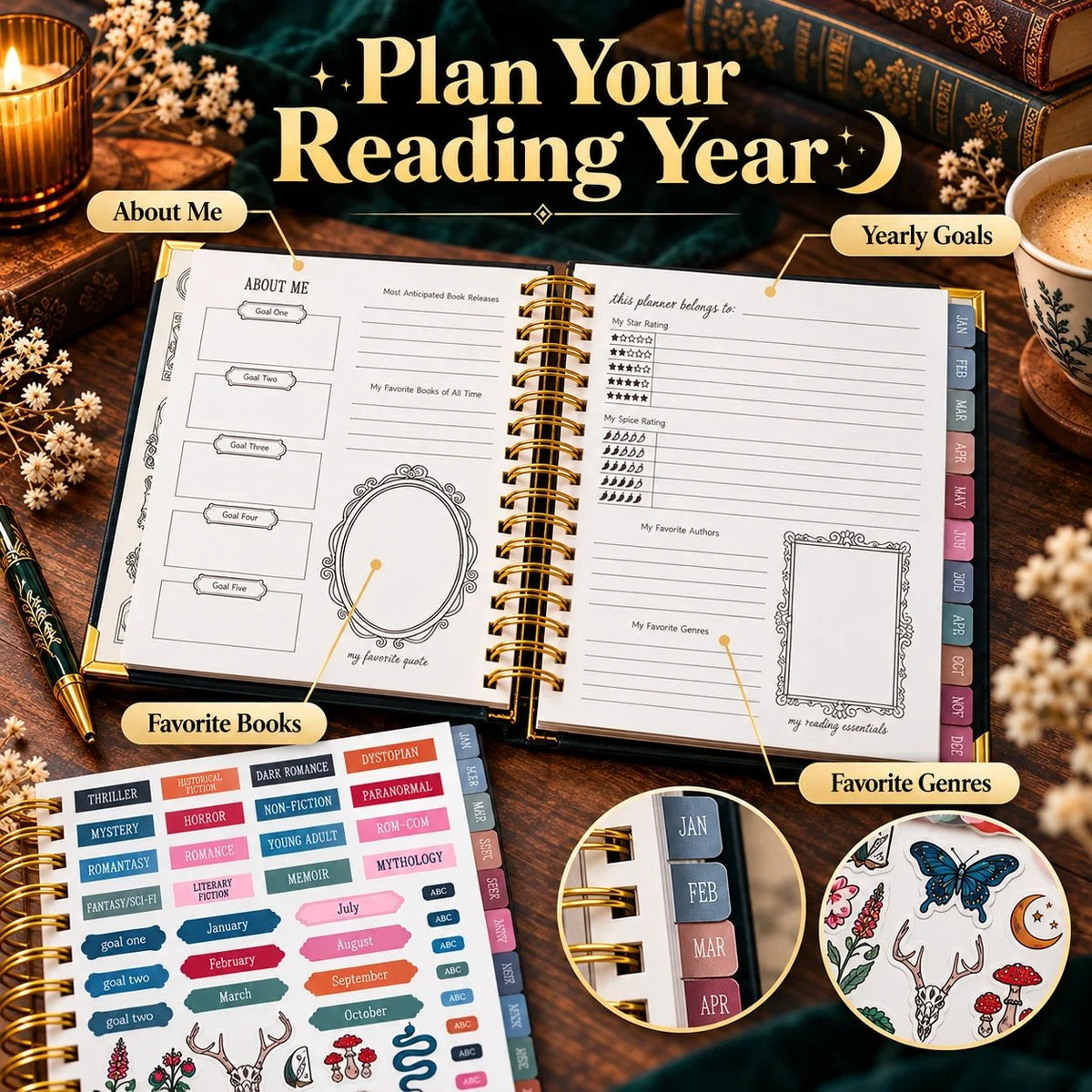 📖✨Midnight Study Hardcover Reading Planner for Book Lovers