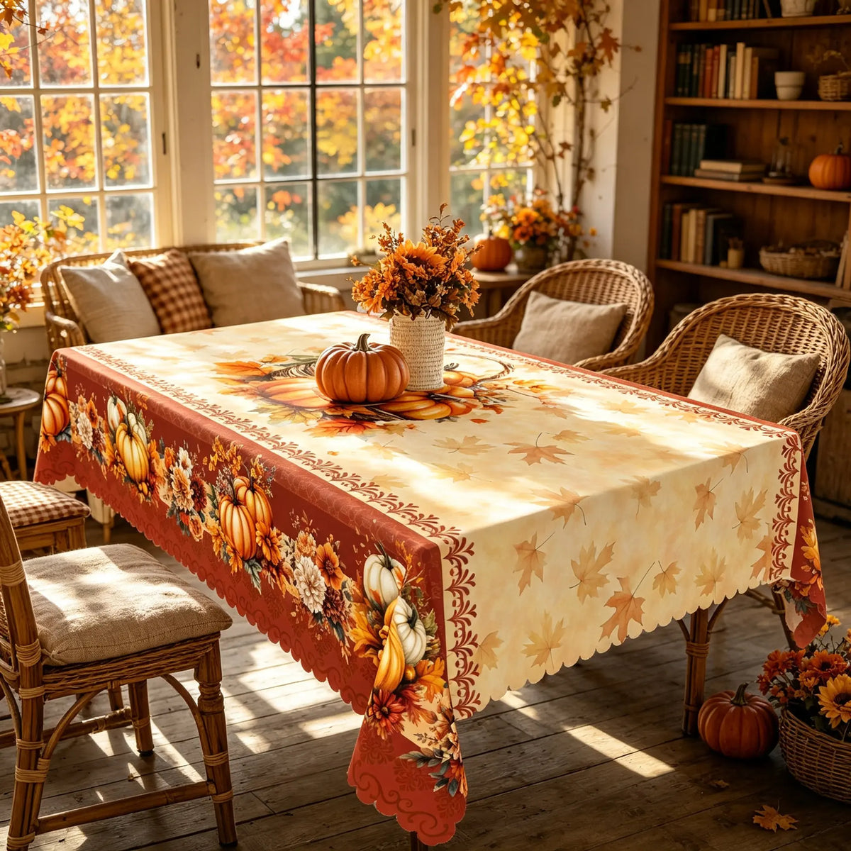 🥰🌻Thanksgiving Tablecloth ，Stain Resistant Washable Polyester Turkey Harvest Tablecloths
