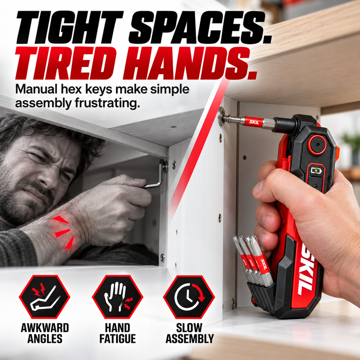 🔧Rechargeable Powered Folding Hex Key – 3-Angle Electric Driver with 11-Piece Bit Set
