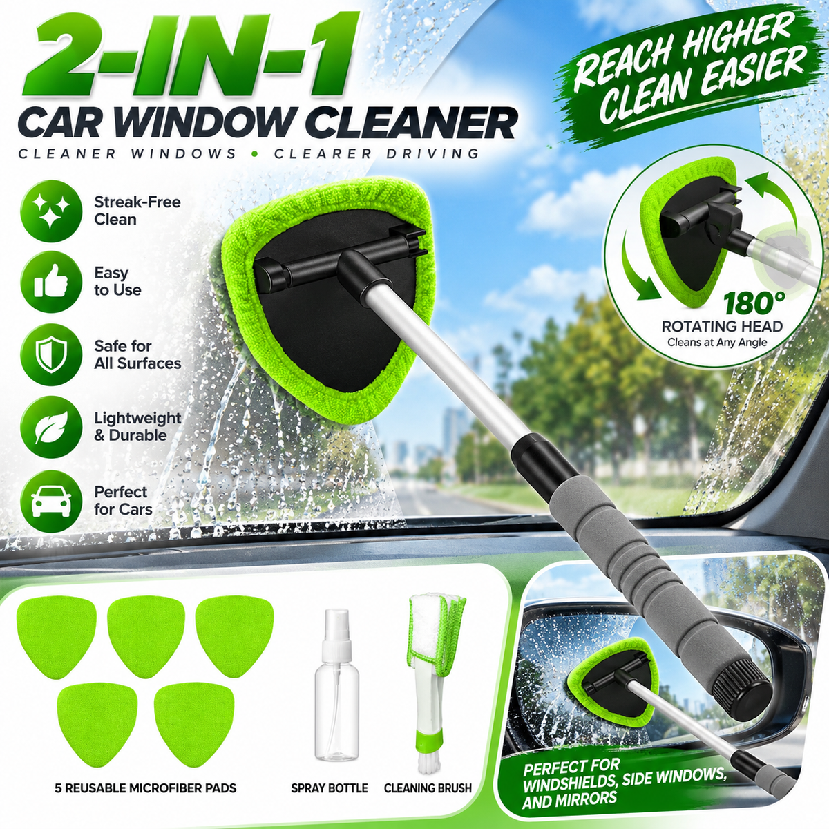 🪟9 PCS Car Window Cleaner Kit Extendable Handle Windshield Cleaning Tool