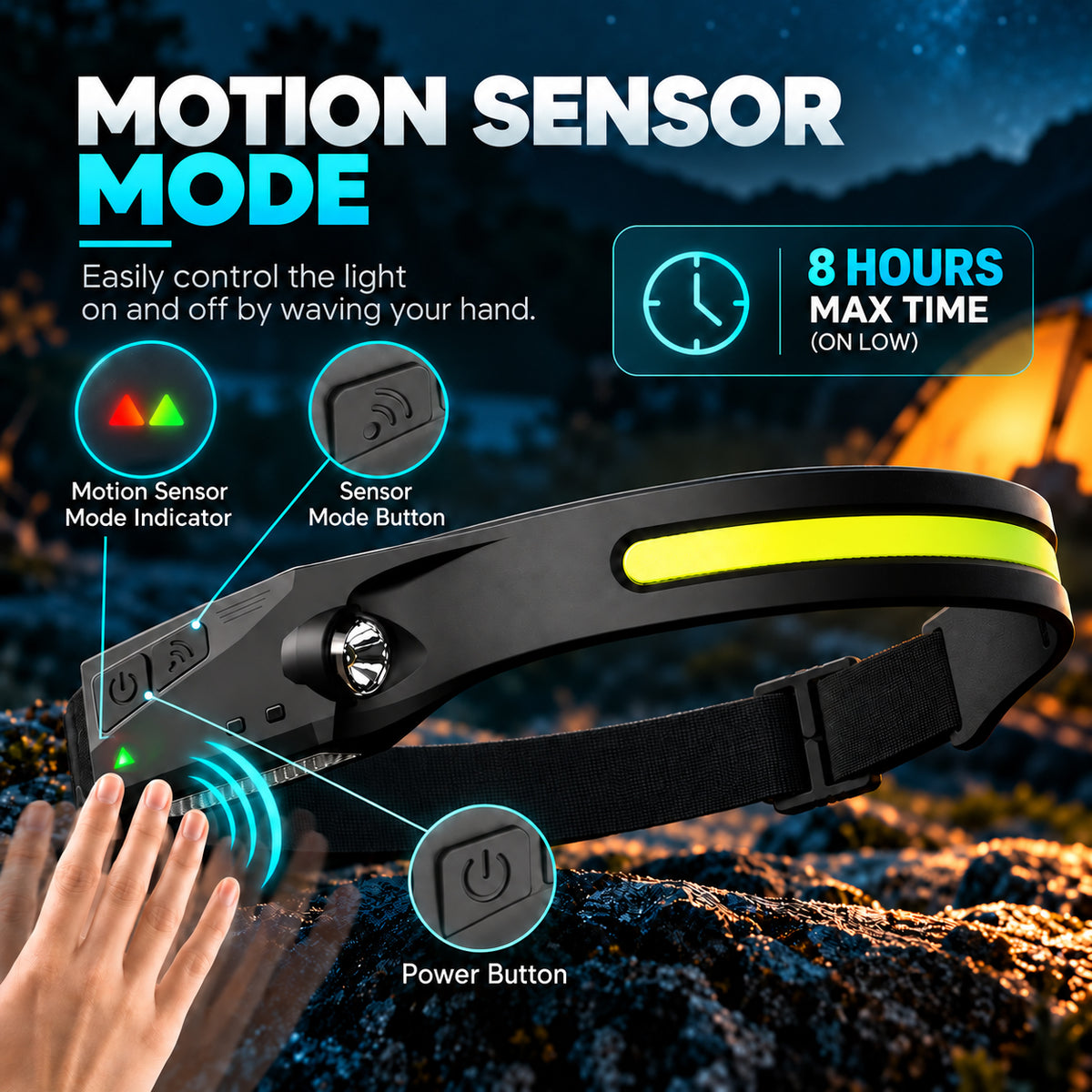 Motion sensor headlamp hand wave control