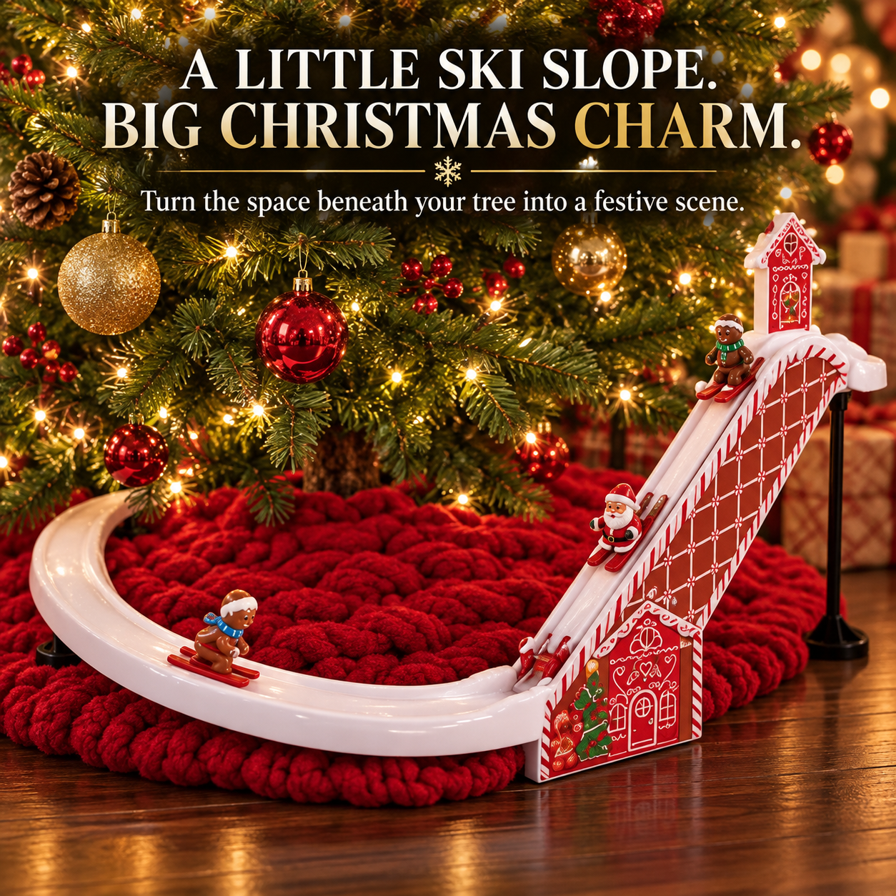 Gingerbread Christmas ski slope decorating the space beneath a Christmas tree