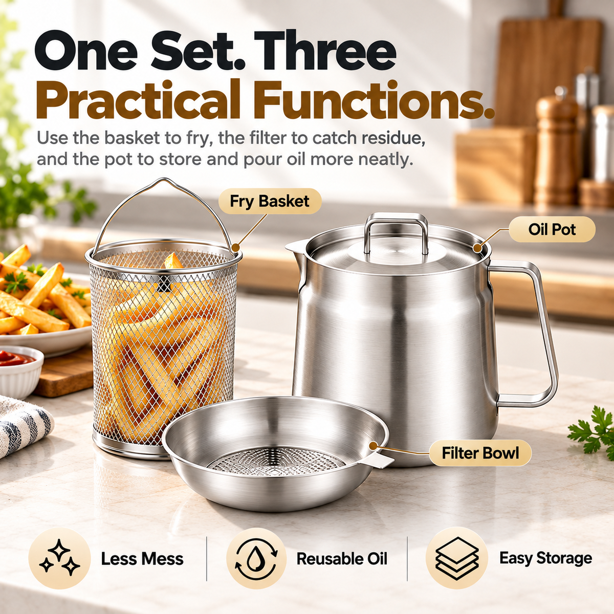 HOT SALE🍟✨ 3-in-1 Stainless Steel Deep Fryer Pot with Oil Filter & Fry Basket 🥘💧 304 Stainless Steel Cooking Oil Strainer & Storage Container 🍗🔥 Easy-Pour Design for Home Kitchen 🍳💖 1.5L/2L Available