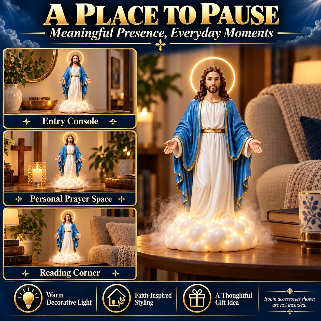 Jesus statue shown in entry console, prayer space and reading corner settings
