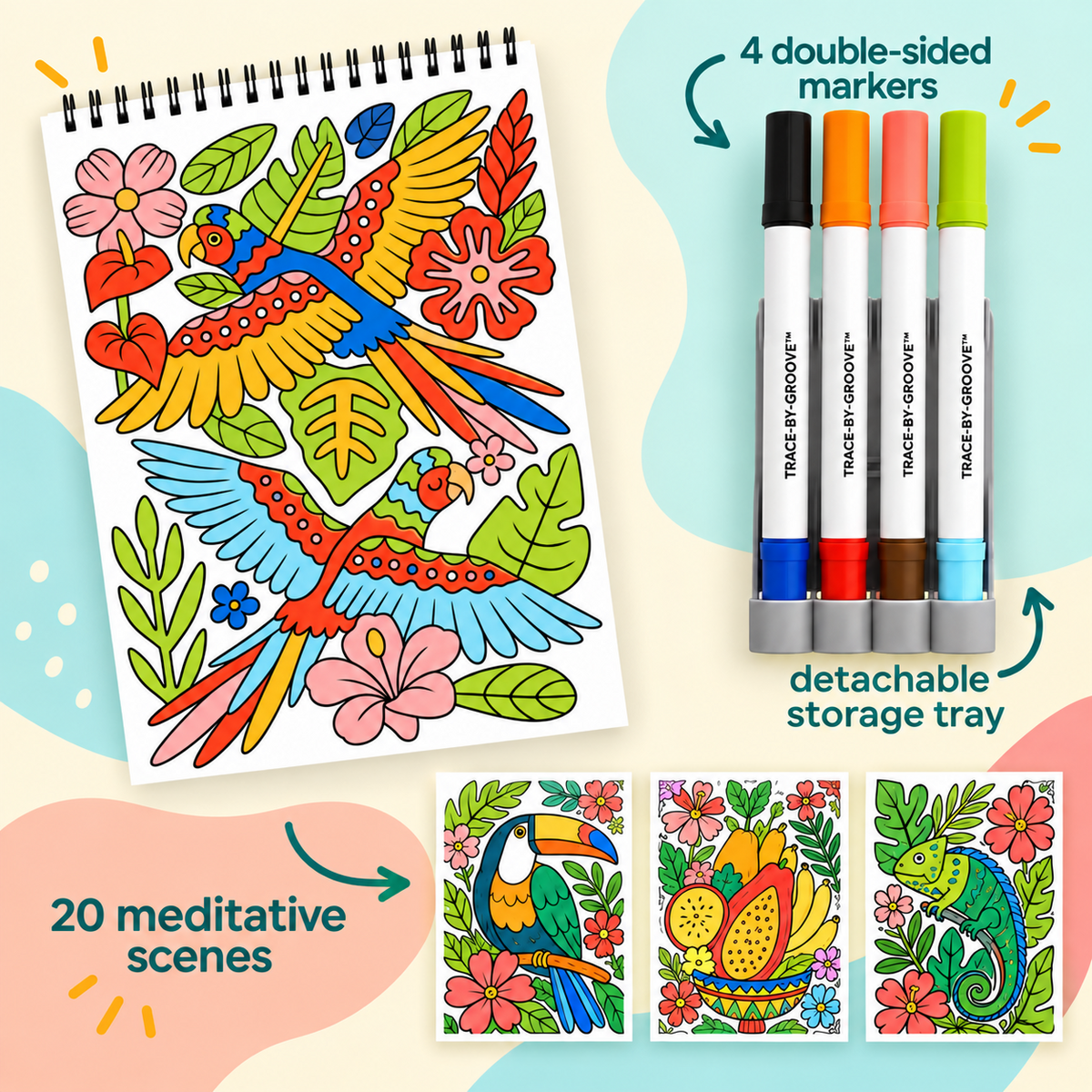 🥳2026 HOT SALE 🌿Trace-By-Groove Guided Flow Art Coloring Pad with Double-Sided Markers 🎨