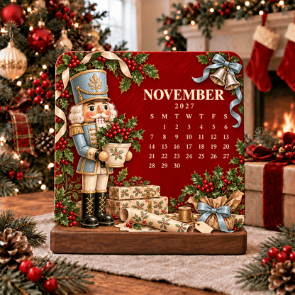 November 2027 nutcracker soldier with holly and wrapped presents