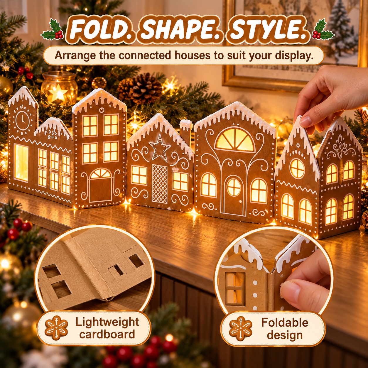 Hands shaping a foldable gingerbread village cardboard house with close-up construction details
