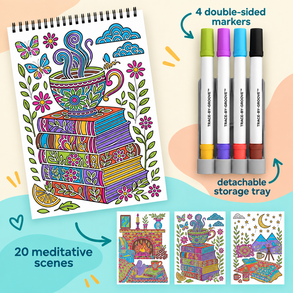 🥳2026 HOT SALE 🌿Trace-By-Groove Guided Flow Art Coloring Pad with Double-Sided Markers 🎨