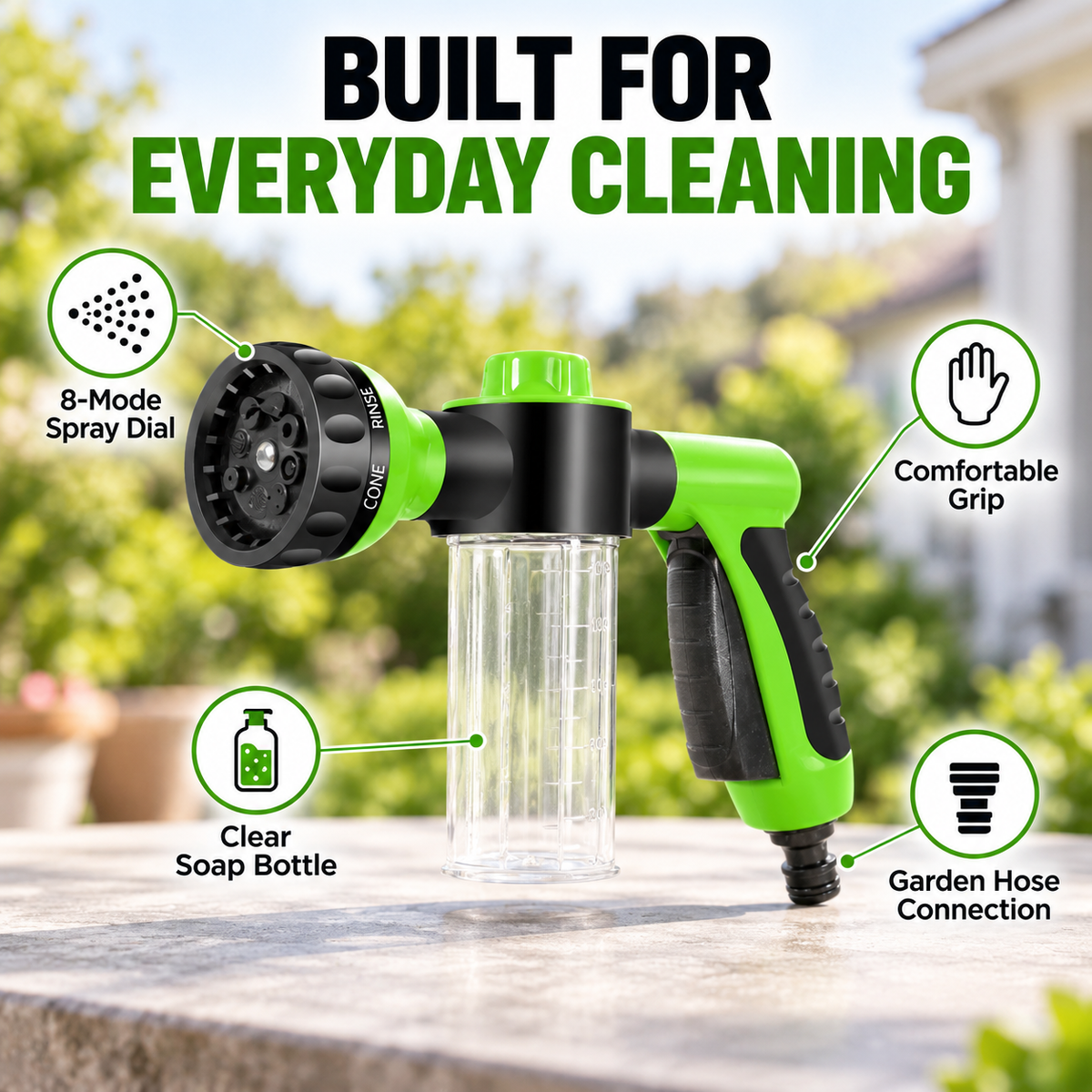 Eight mode spray dial soap bottle comfortable grip and garden hose connection