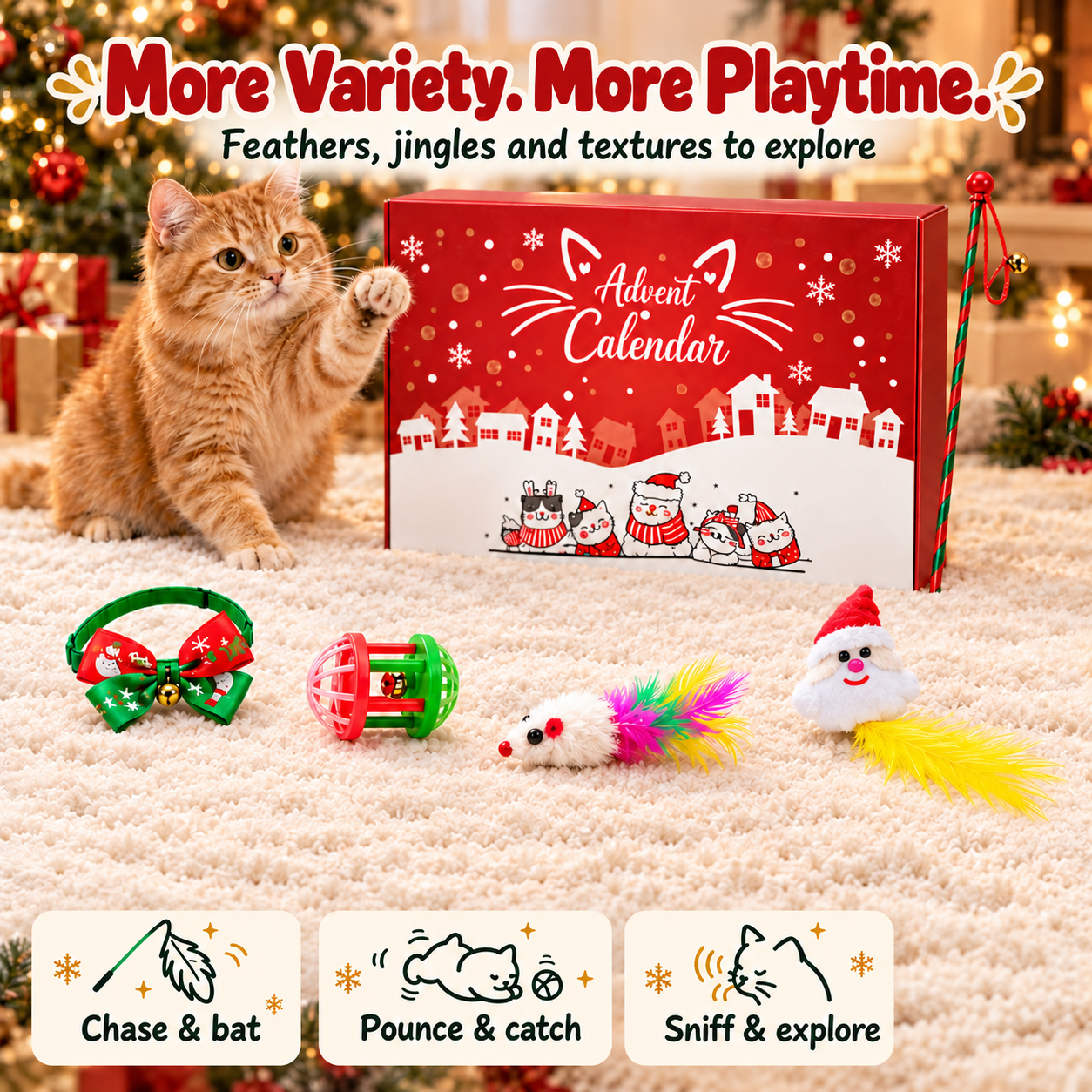 Cat playing with Christmas toys beside the advent calendar