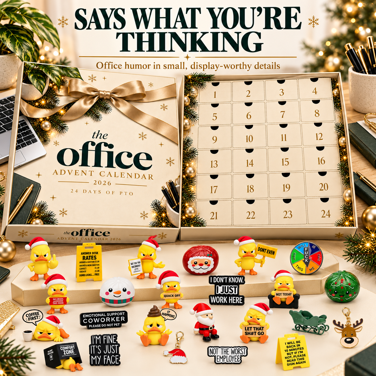 Office humor advent calendar with assorted miniature figures signs Santa decorations and desk keepsakes