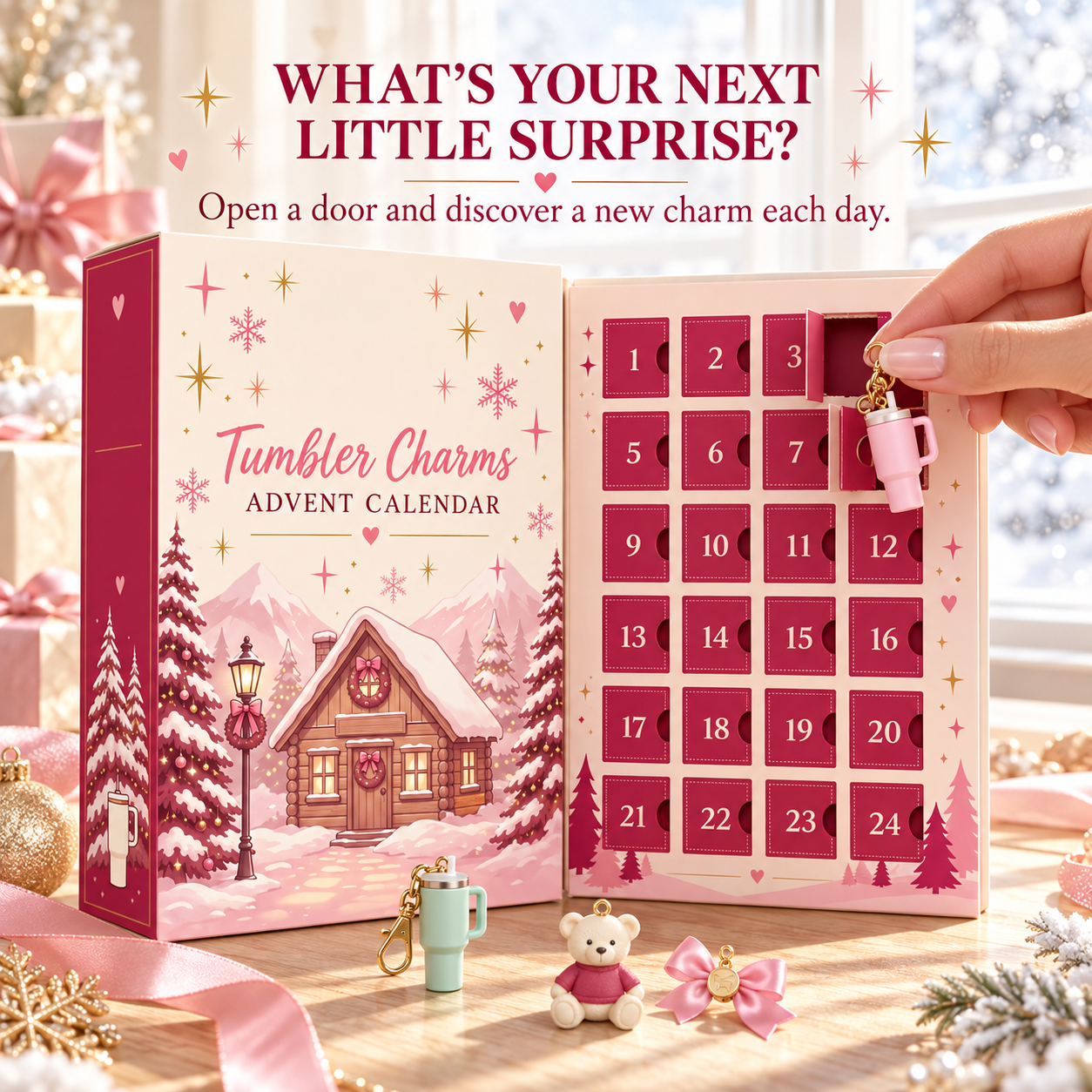 Hand opening numbered advent calendar compartment and revealing a miniature pink tumbler charm