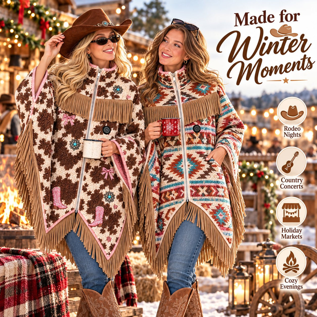🤠 Heated Sherpa Fringe Poncho – 3 Heat Settings, Cozy Western Cowgirl Wrap in 3 Prints 🔥