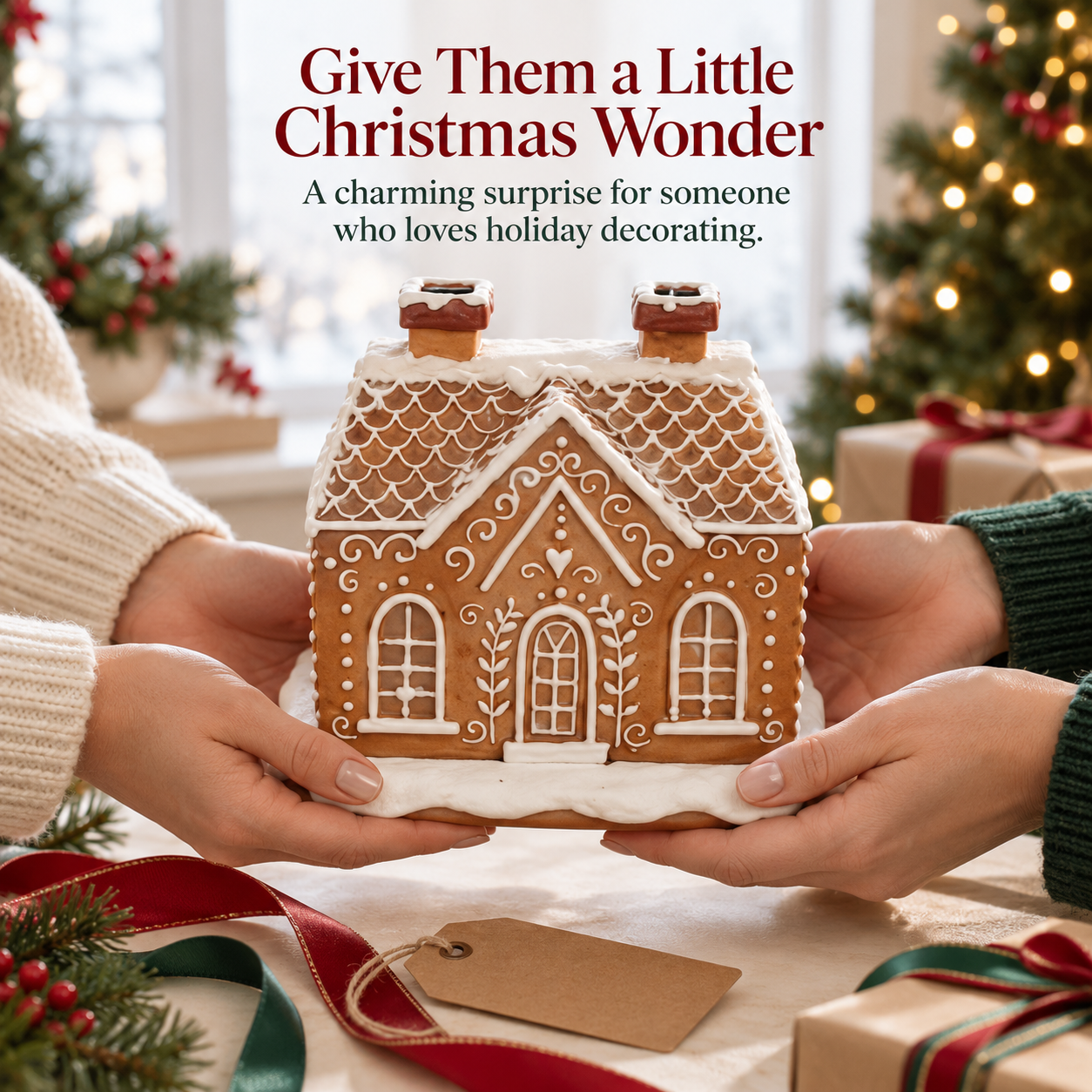 Gingerbread house diffuser being given as a Christmas gift with festive ribbons and wrapped presents