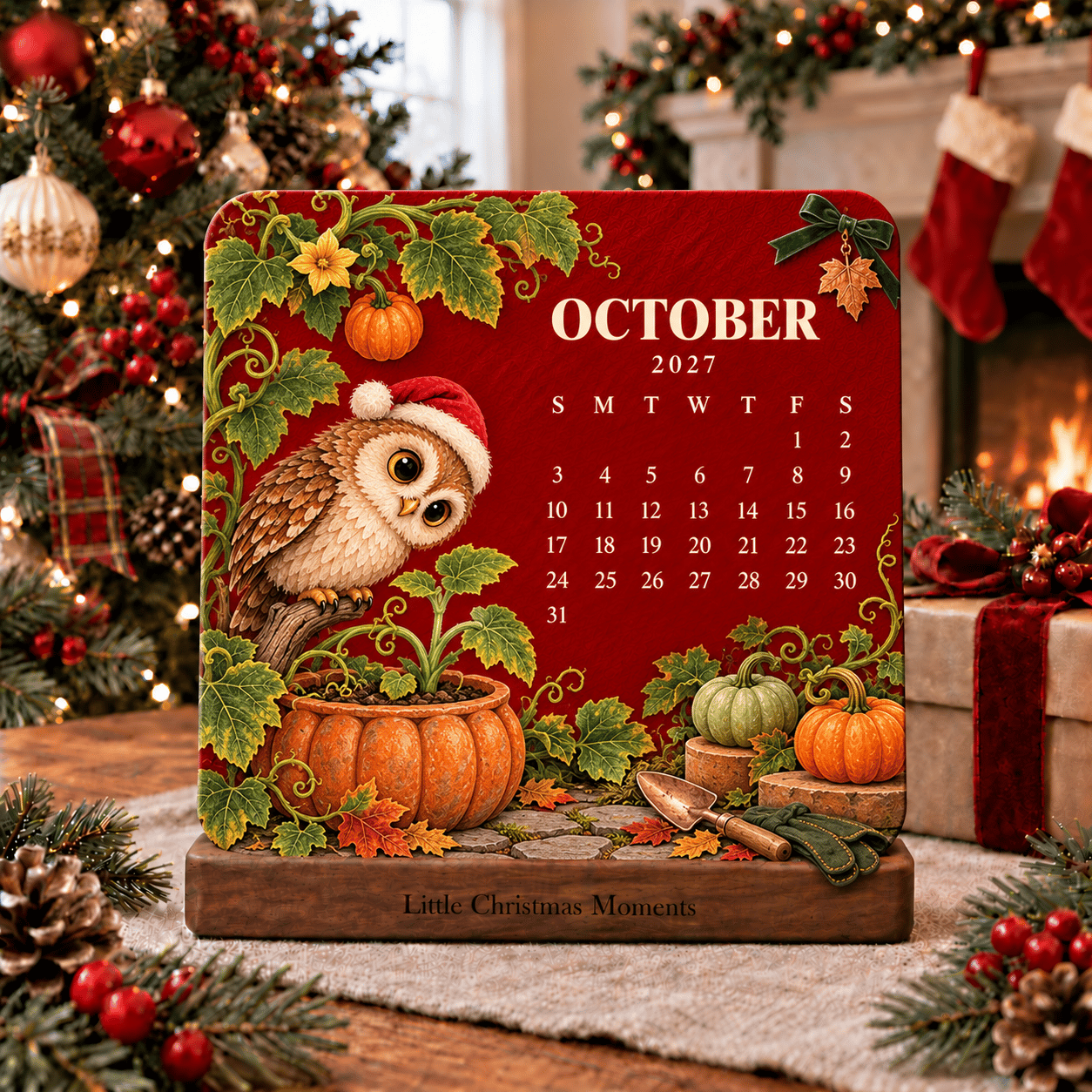 October 2027 owl sitting inside a pumpkin with autumn decorations