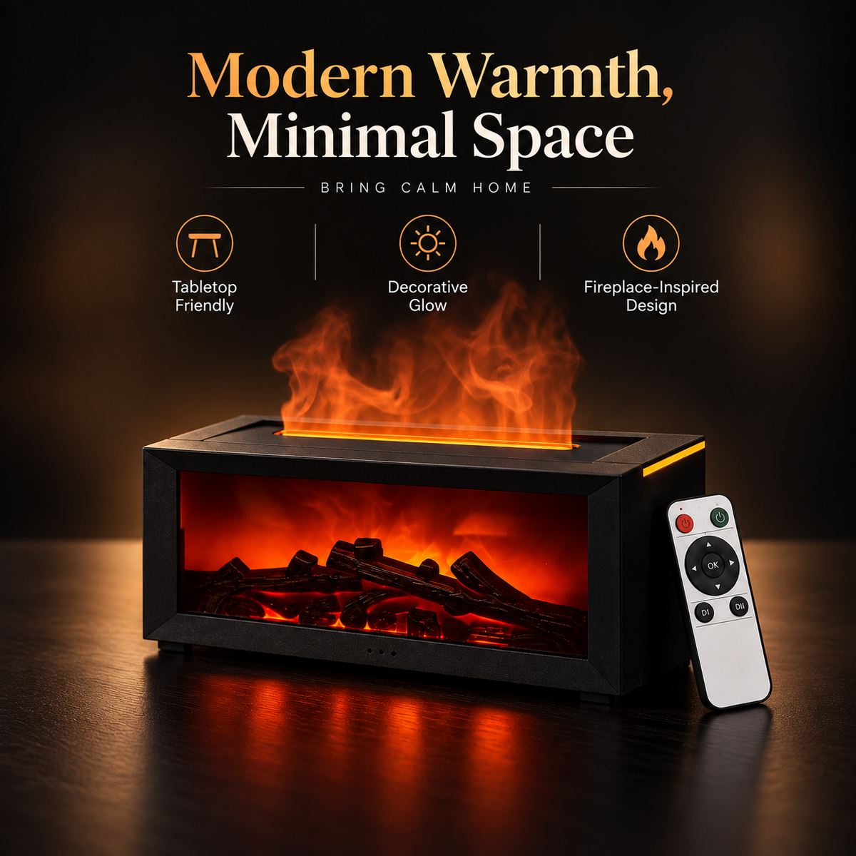 Flame-Effect Ambient Fireplace Humidifier – Remote-Control Cozy Tabletop Decor