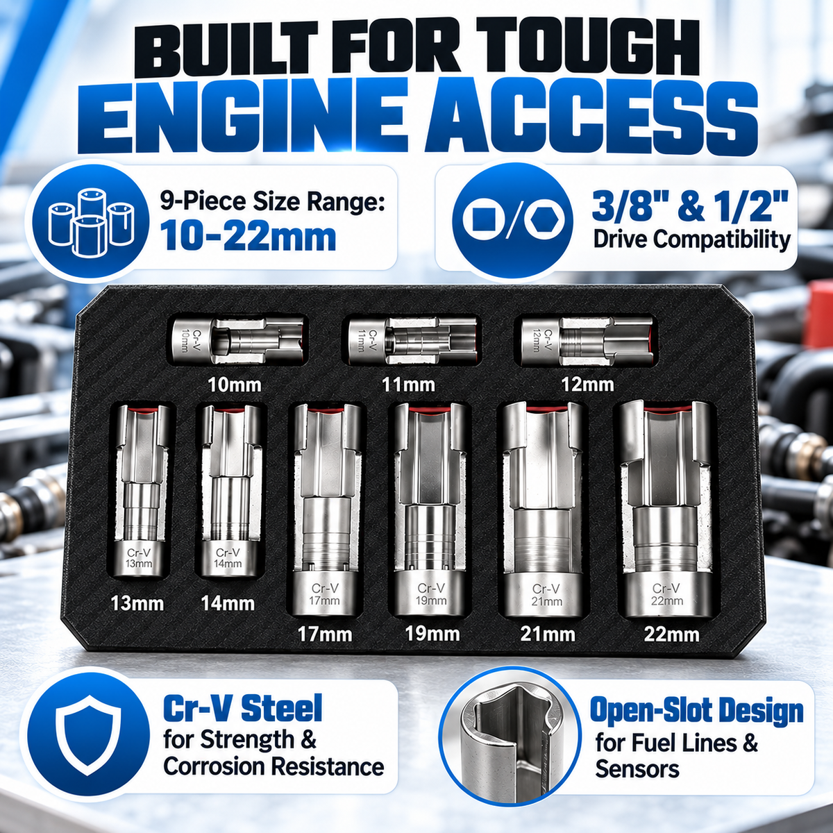 9-Piece Injector & Sensor Line Socket Set – 10–22mm Open-Side Cr-V Sockets, 3/8' & 1/2' Drive