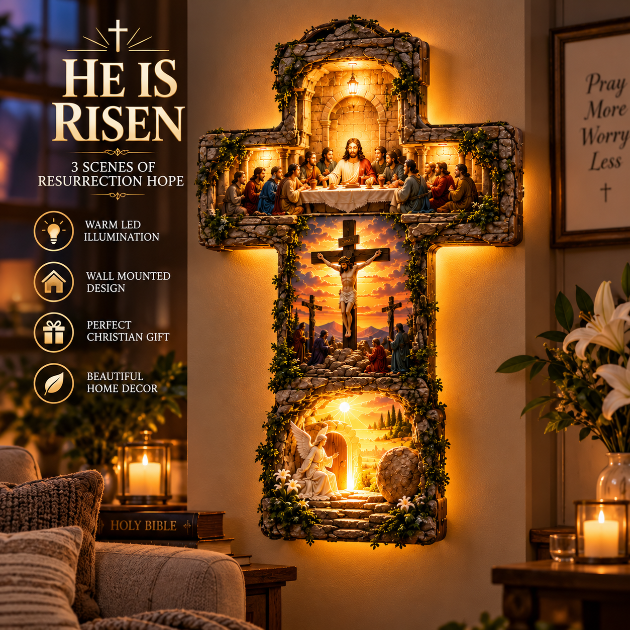 He Is Risen illuminated Christian wall cross featuring three biblical scenes