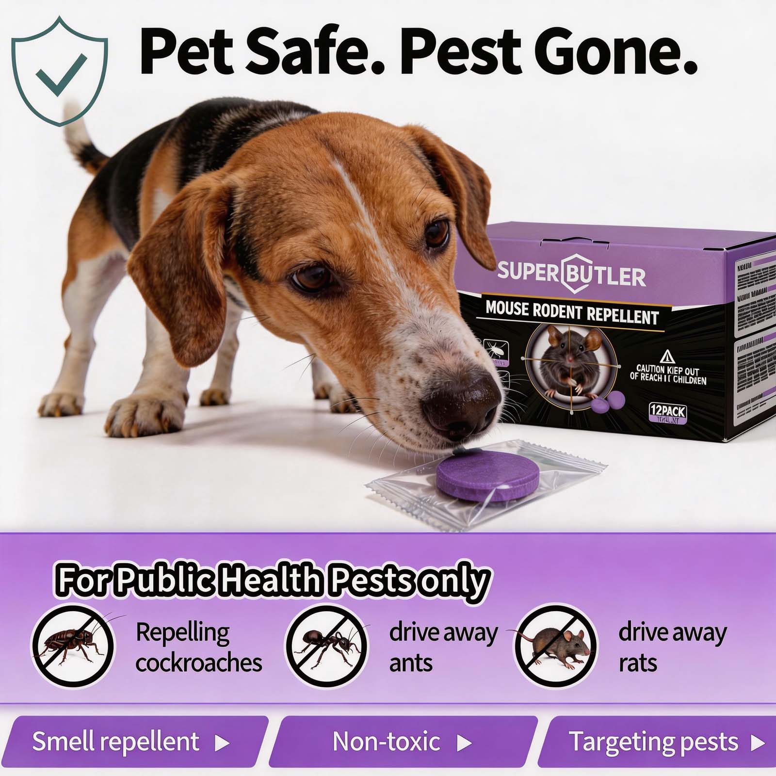Original seller image showing dog beside Super Butler rodent repellent