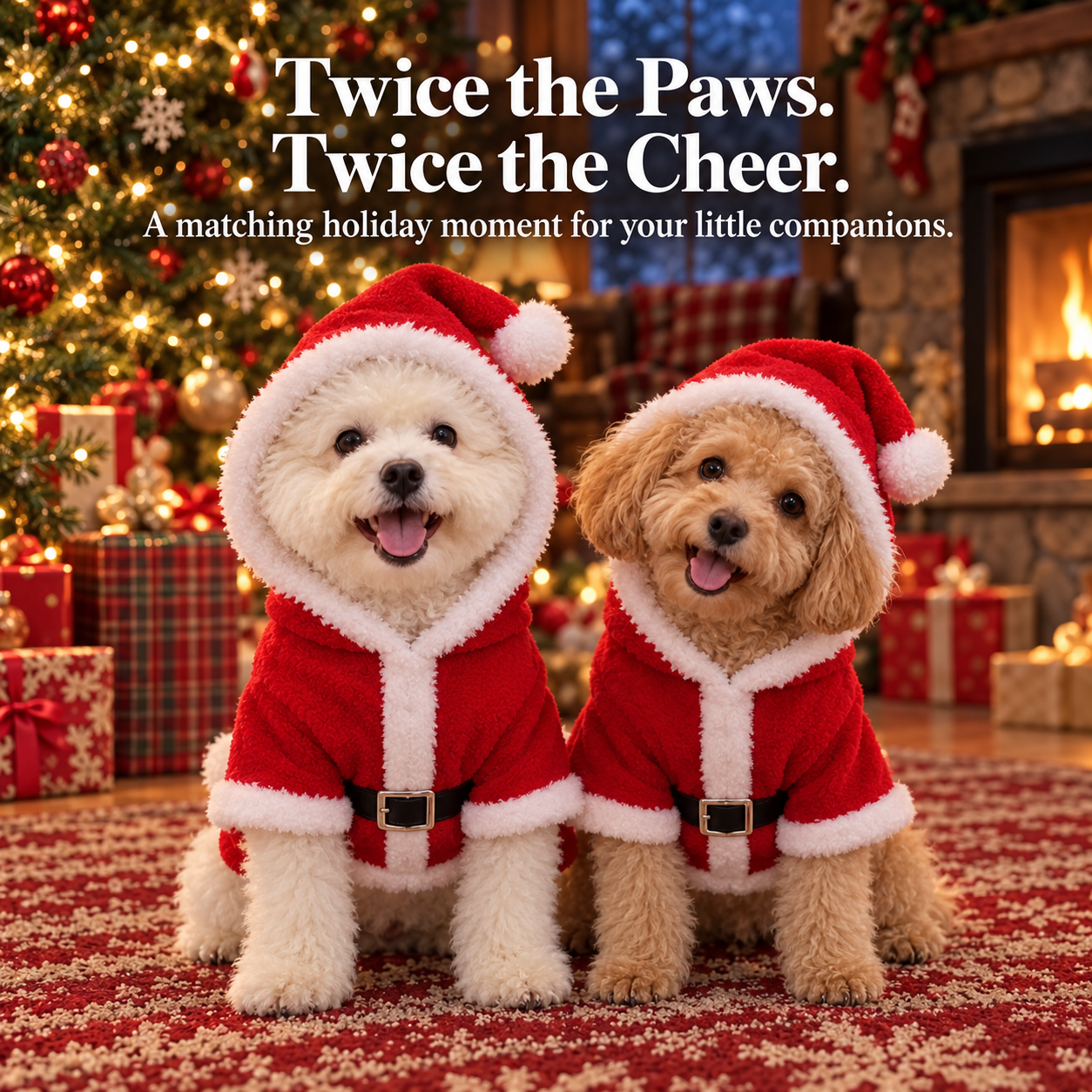 Two small fluffy dogs wearing matching red Santa hoodies in front of Christmas tree