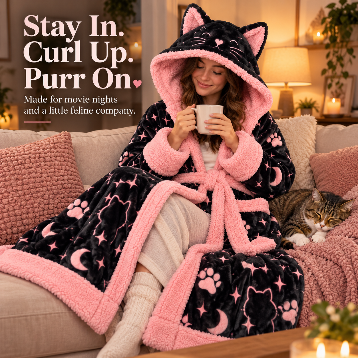 Woman wearing cat hooded robe with warm drink while sitting on sofa next to sleeping cat