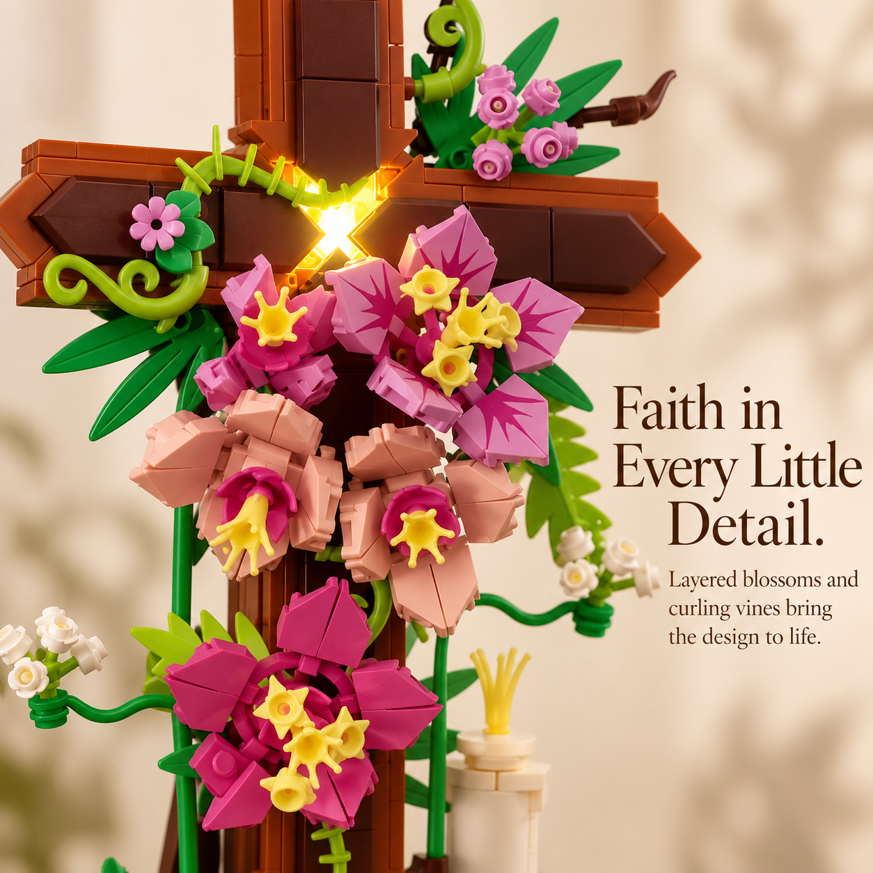 Close-up of floral cross building set showing layered flowers, yellow flower centers and curling green vines