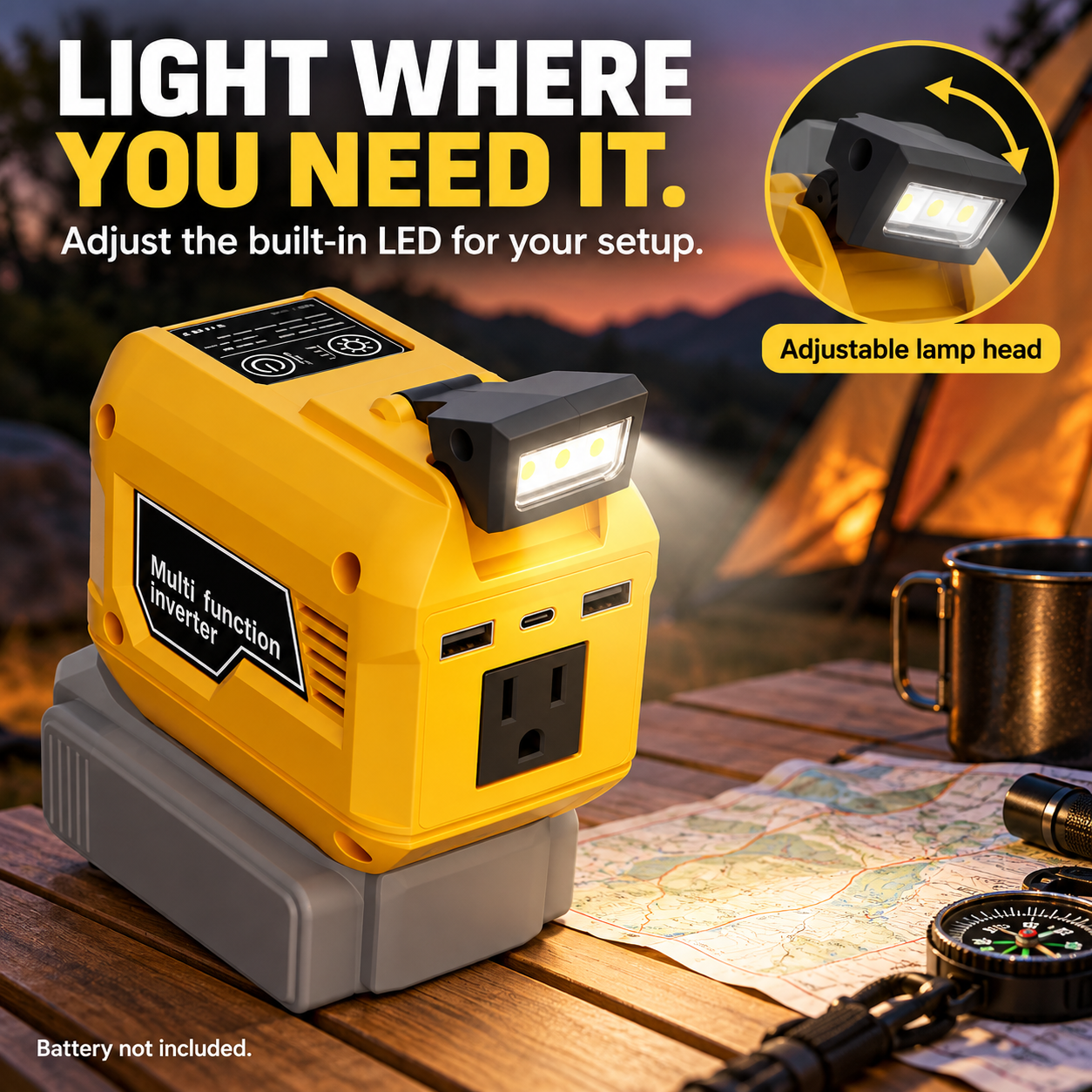 Portable power inverter with adjustable LED lamp illuminating an outdoor campsite