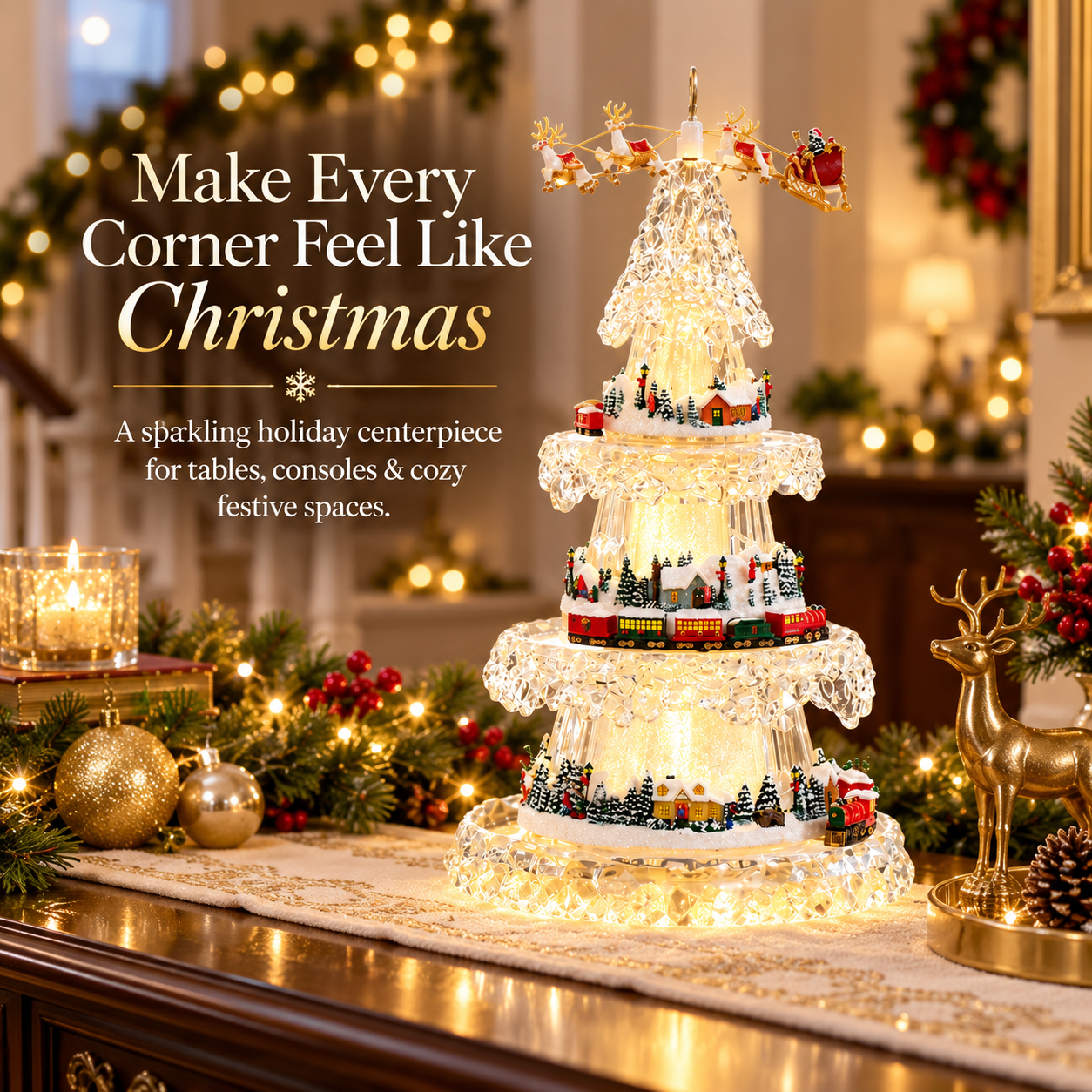 Glowing Christmas tree decoration on a holiday console table with garlands and ornaments