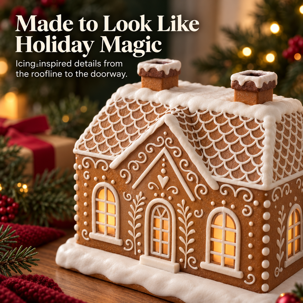 Close-up of gingerbread house diffuser with white icing roof patterns and snow-style decorative trim