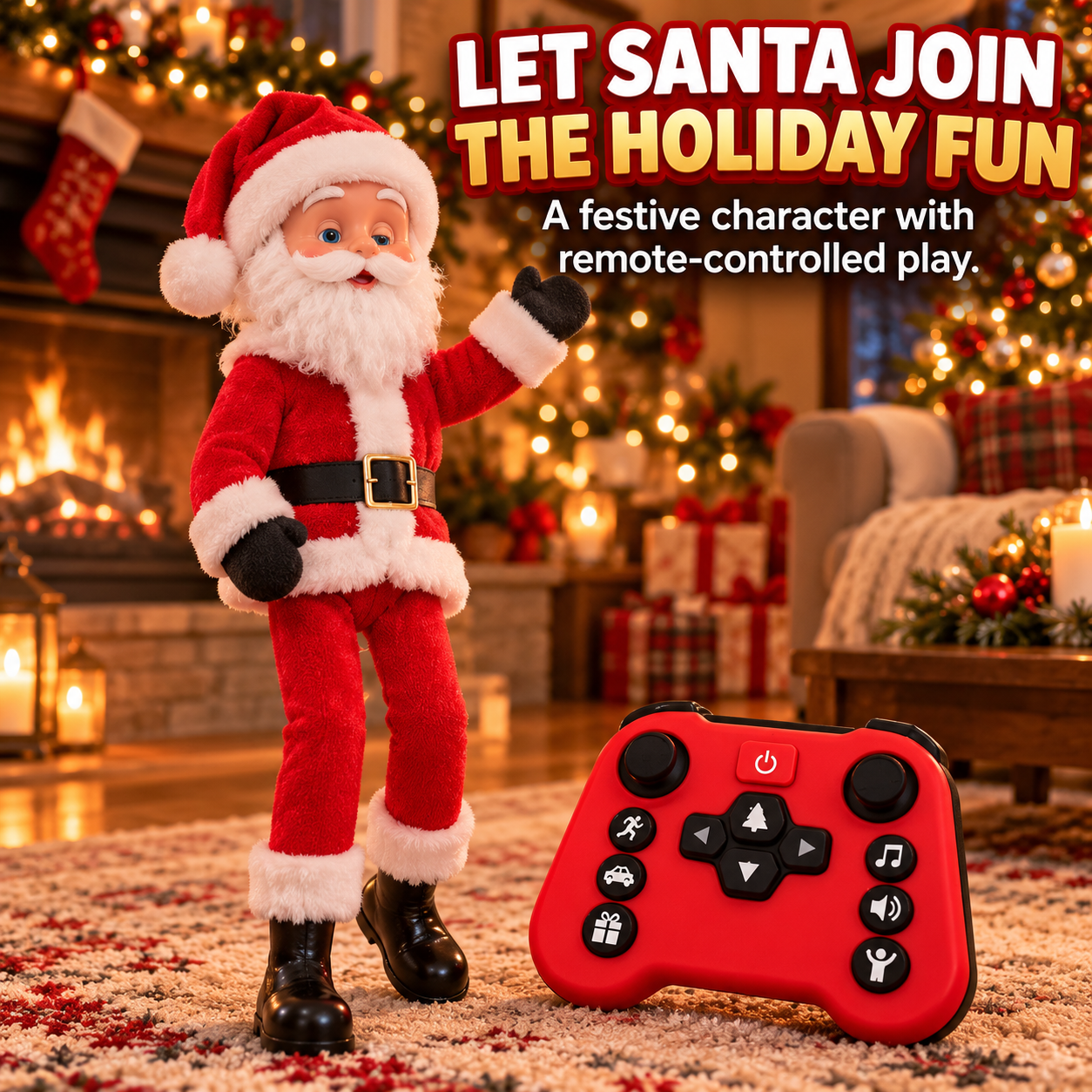 Remote-controlled Santa Claus in red outfit with matching red handheld controller in Christmas living room