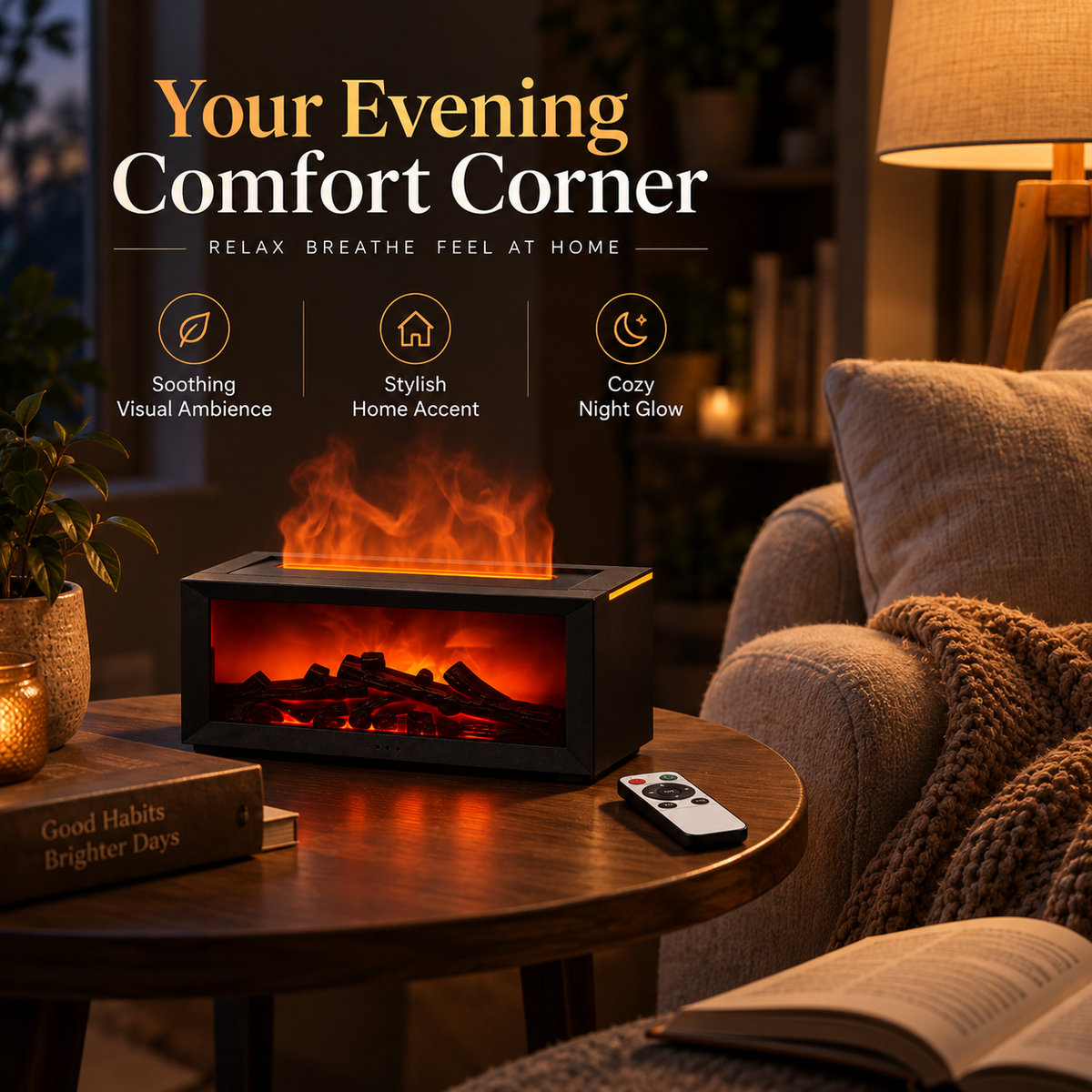 Flame-Effect Ambient Fireplace Humidifier – Remote-Control Cozy Tabletop Decor