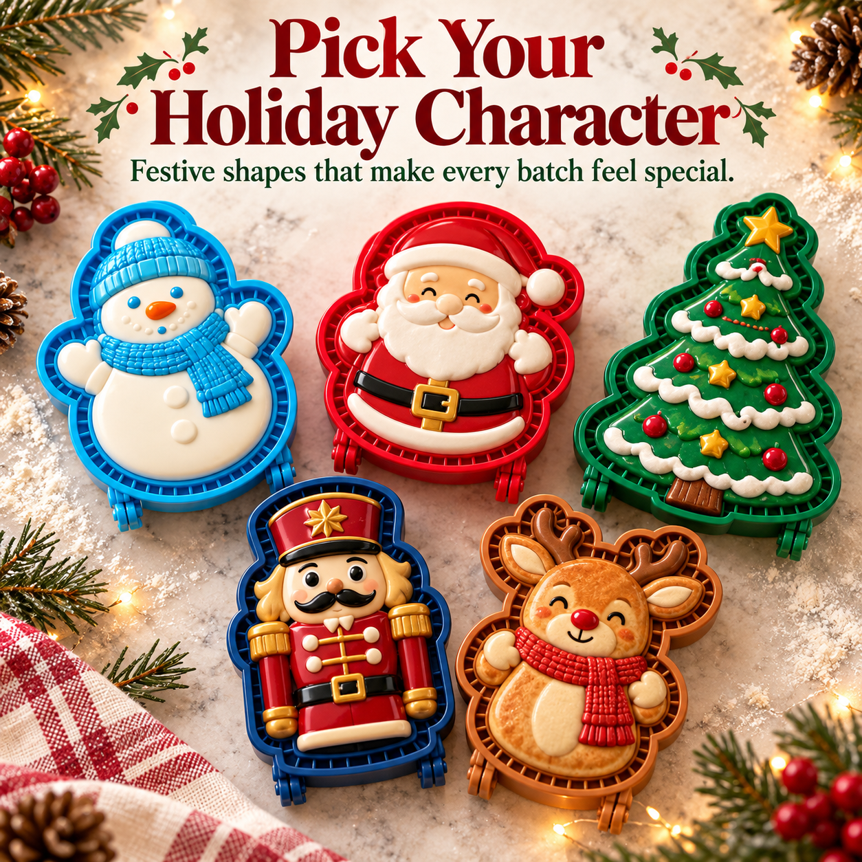 Five Christmas hand pie molds in snowman Santa Christmas tree nutcracker and reindeer shapes