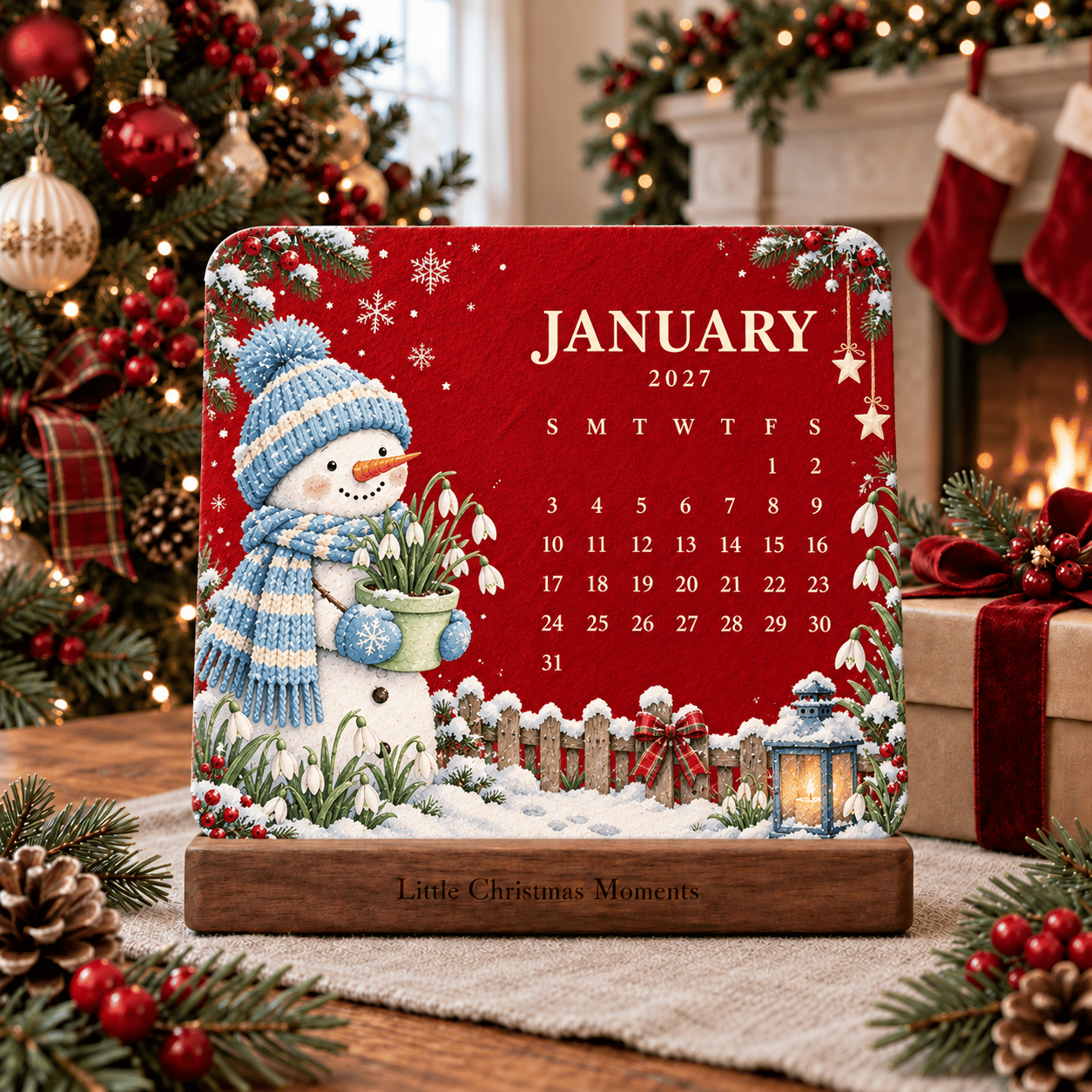 January 2027 snowman calendar with snowdrops