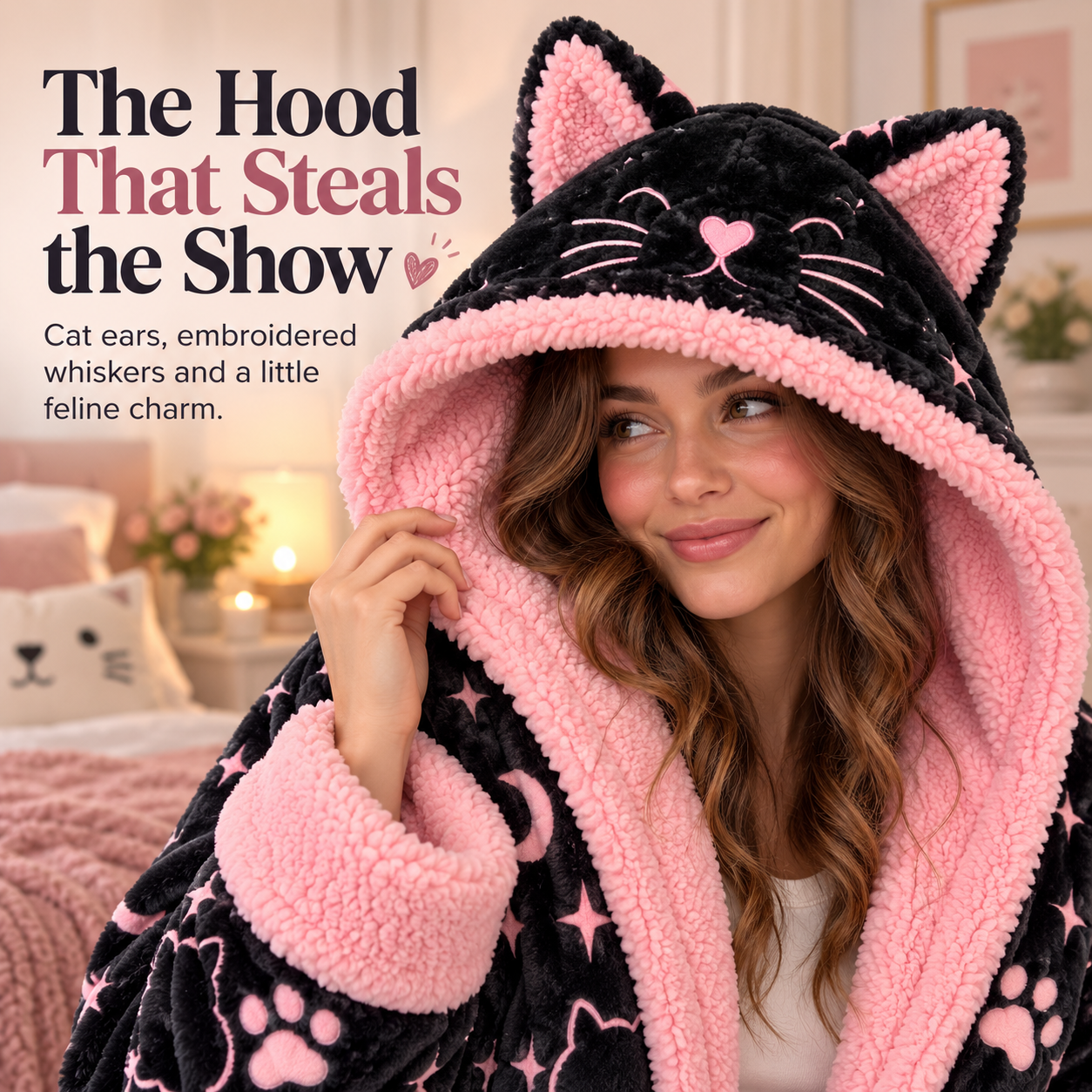 Close-up of black cat-ear hood with pink inner ears, embroidered whiskers and pink nose