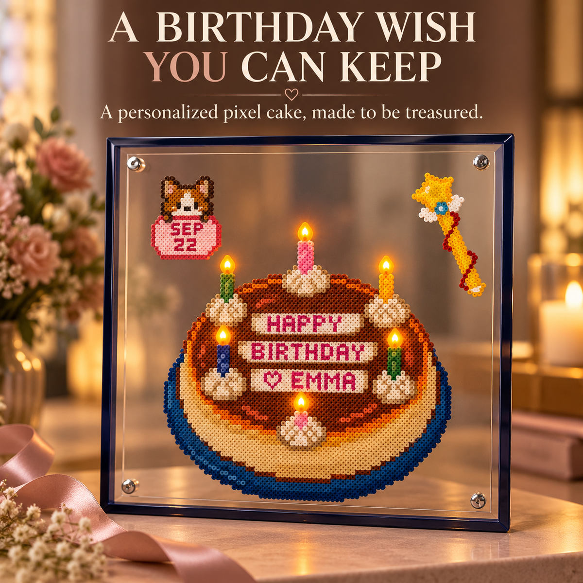 🎂Pixel Bead Birthday Cake – A Handmade Keepsake with Your Name & Date