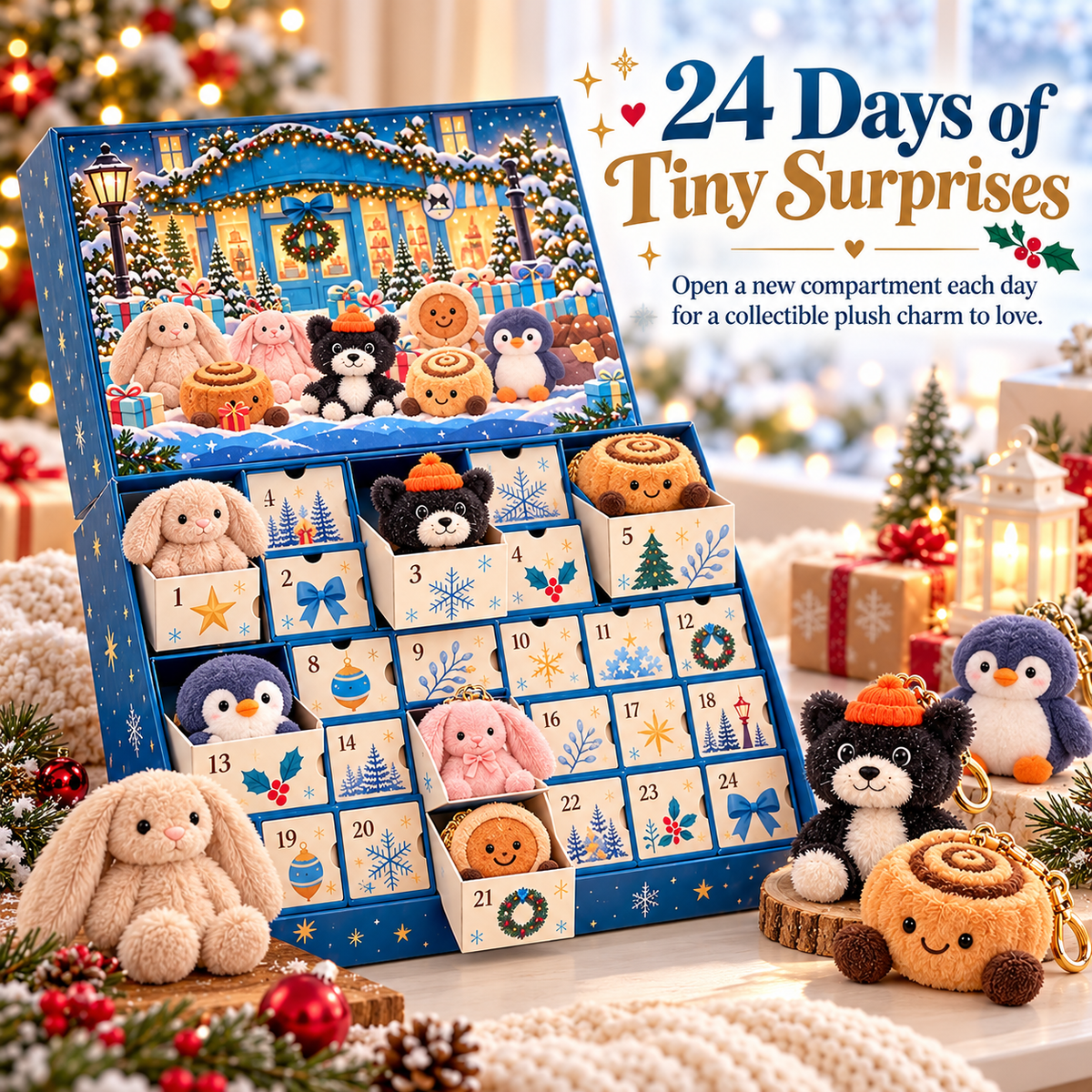 🎄 24-Day Plush Advent Calendar – Mini Character Surprises & Collectible Bag Charms
